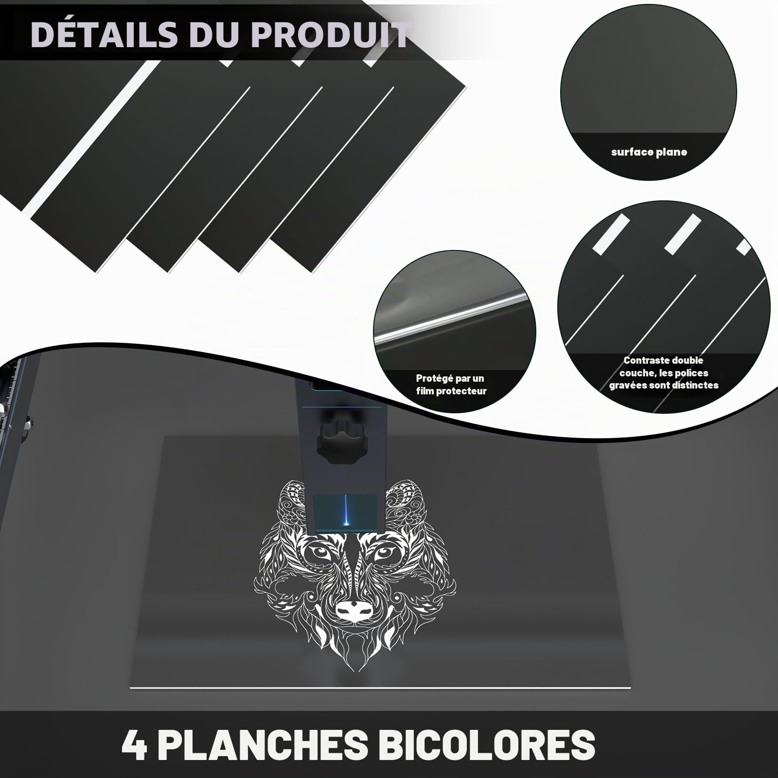 Feuille Plastique ABS, 30x20cm 1,3mm, 4 Plaques pour Gravure Laser, Plaque Gravée Personnalisée, pour Bureau à Domicile (Blanc sur Noir)