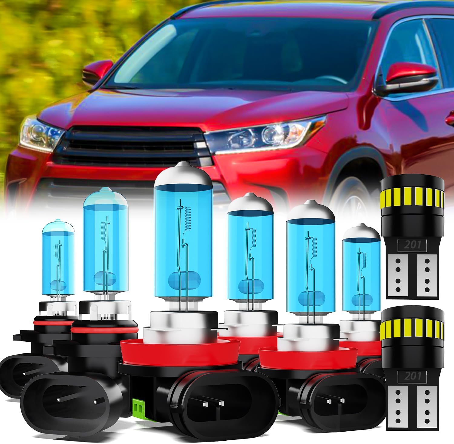 Headlight Bulbs License Plate Lights Fit For Toyota Highlander 2014-2019, 9005 High Beam + H11 Low Beam + H11 Fog Lights Halogen Light Bulb + License Plate Lights, 6000K White, Pack of 8