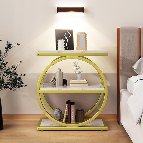 Miniatura 2 de IBUYKE Mesa auxiliar estrecha con 3 estantes de almacenamiento, mesa auxiliar de sofá industrial, marcos de metal redondos dobles, mesita de noche