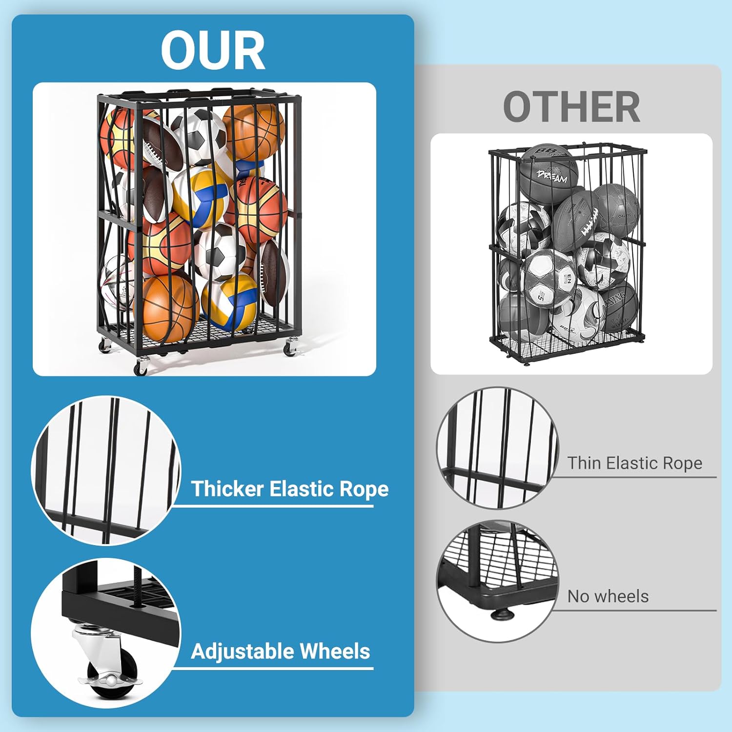Ball Sports Organizer Storage Cart, Garage Metal Rolling Bin with Thicker Elastic Rope, Ball Holder Rack with Wheels for Volleyball, Basketball, Football, Toys, Gym, Outdoor & Indoor Equipment Storage - Image 3