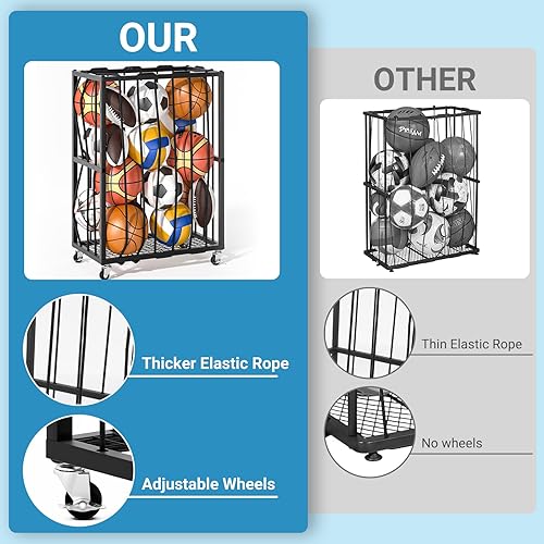 Miniatura 3 de Carrito organizador de deportes de pelota, cubo de metal para garaje con cuerda elástica más gruesa, soporte para pelotas con ruedas para voleibol,