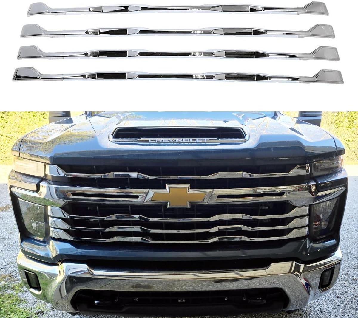 Chrome Grille Grill Overlay Trim 4 Piece Compatible With 2024 2025 2026 Chevy Silverado 2500 3500 HD WT, LT, CUSTOM