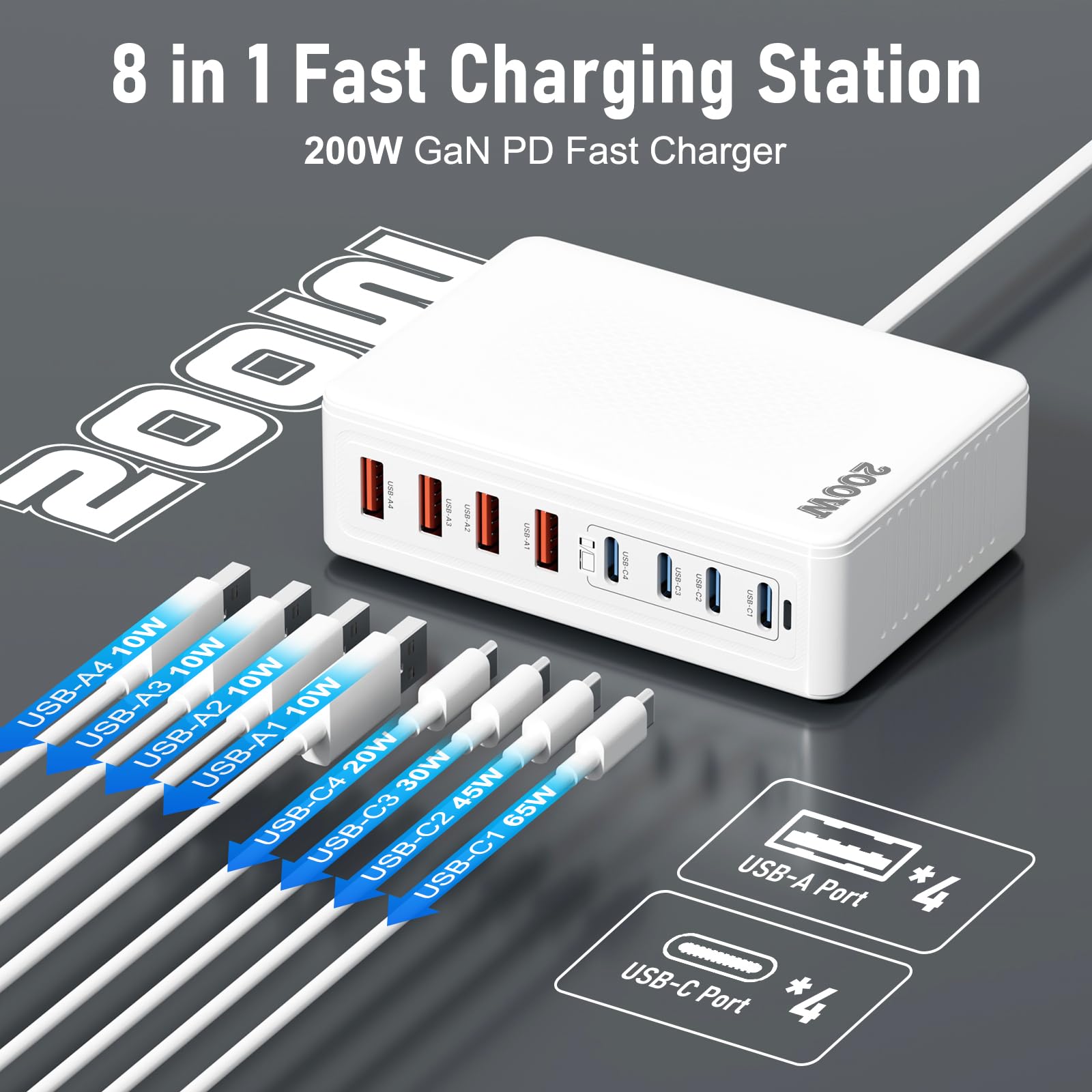 USB C Fast Charger 200W GaN IV 8 Port USB C Charging Station USB Charger Block Portable Wall Charger Power Strip,PD 65W Laptop Charger for i-Pad i-Phone 16/15/14/13/12 Pro Max Galaxy Pixel LG