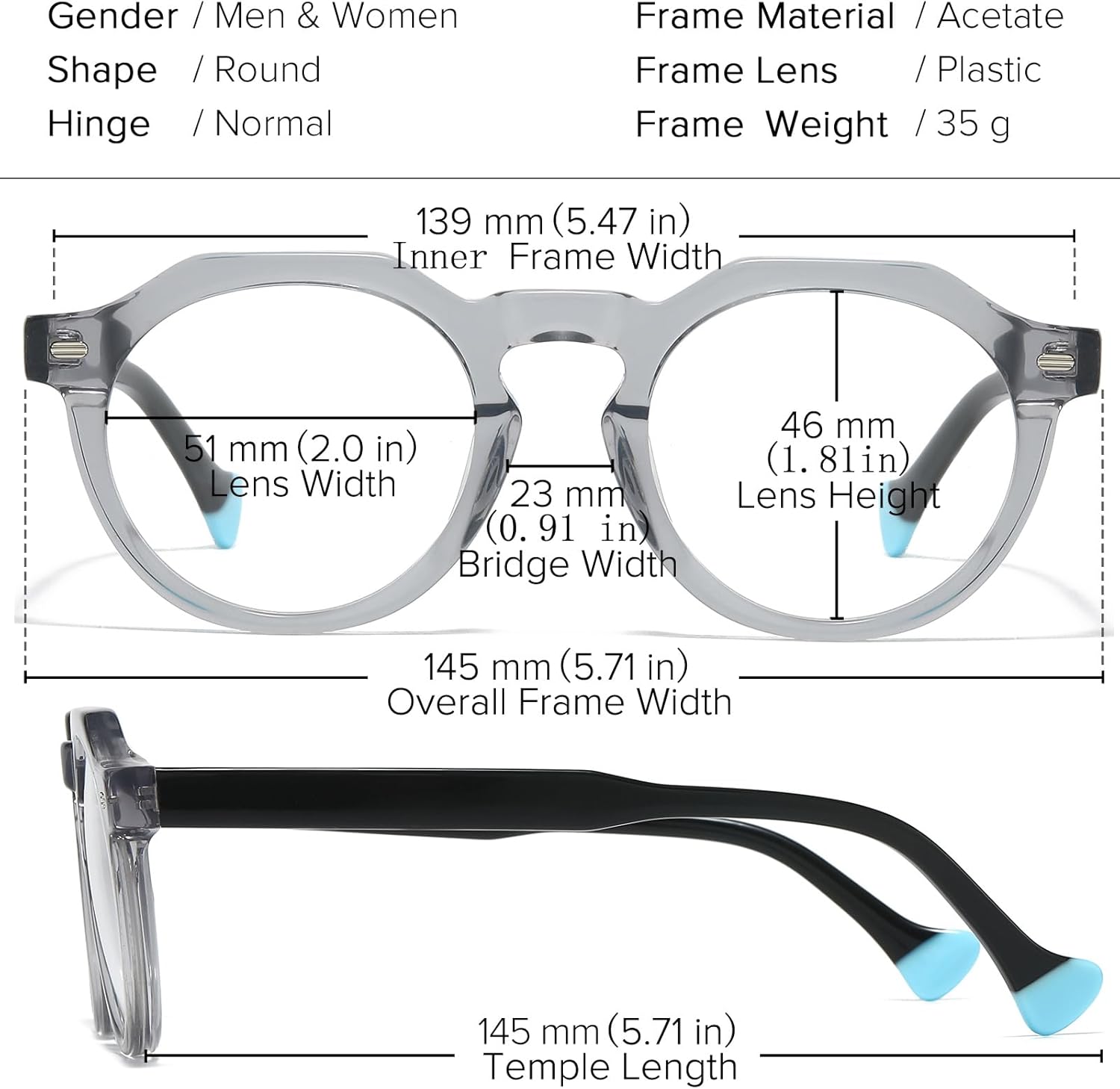 Retro Round Acetate Glasses Frame for Men Women Vintage Optical Eyeglasses Eyewear Transparent Clear Thick Frame Yd1331-transparent Grey image 2 of 7 B0F59S848H