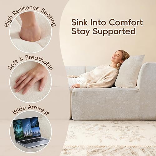 Miniatura 7 de Sofá modular de 108 pulgadas, diván en forma de L, sofá deshuesado de felpilla de gran tamaño con asiento profundo, sin montaje, sofá nube de 3