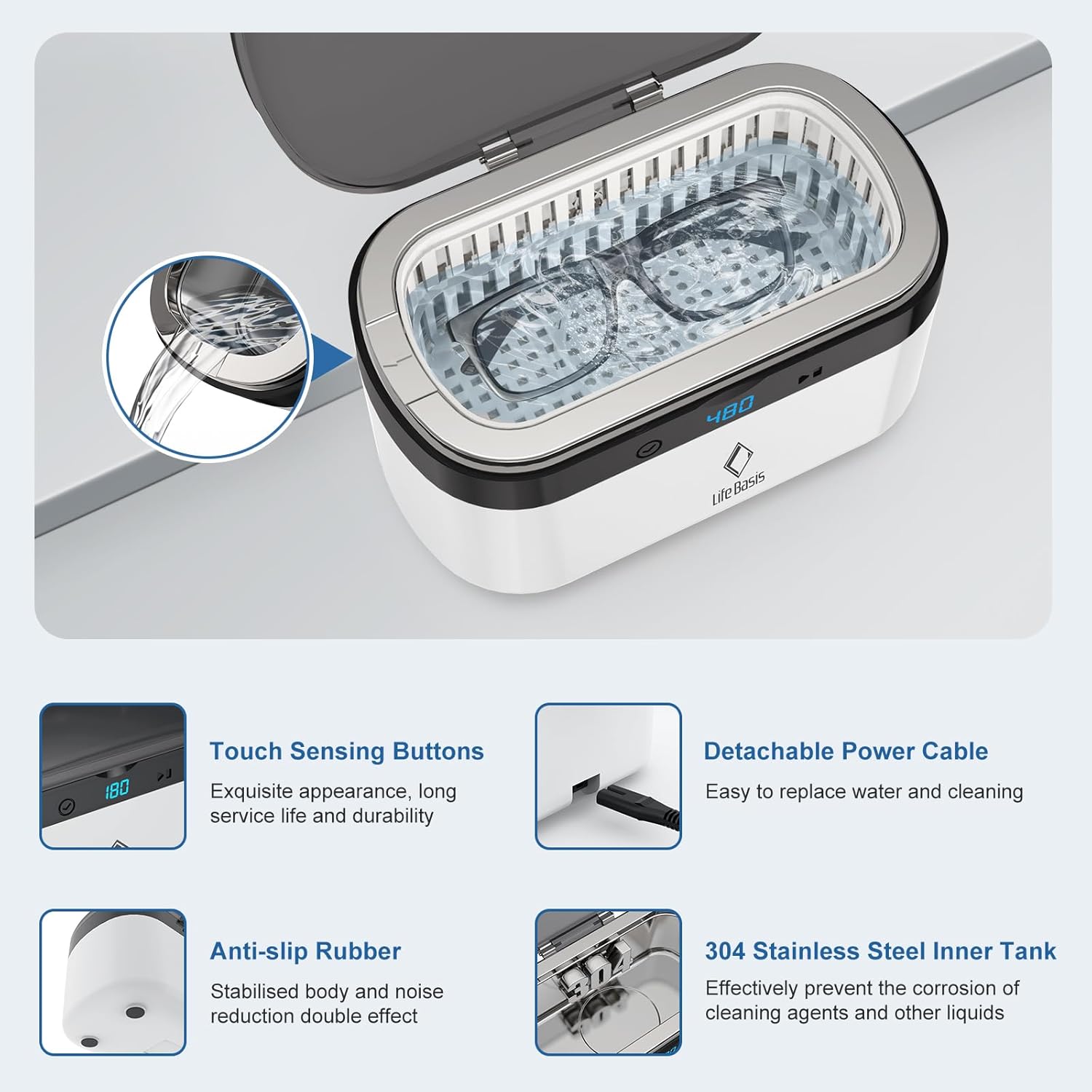 Life Basis Ultrasonic Jewelry Cleaner – Portable 500ML Sonic Cleaning Machine with 42kHz Deep Cleaning, 5 Timer Settings, Stainless Steel Tank, for Rings, Eyeglasses, Watch Straps, Coins, Dentures