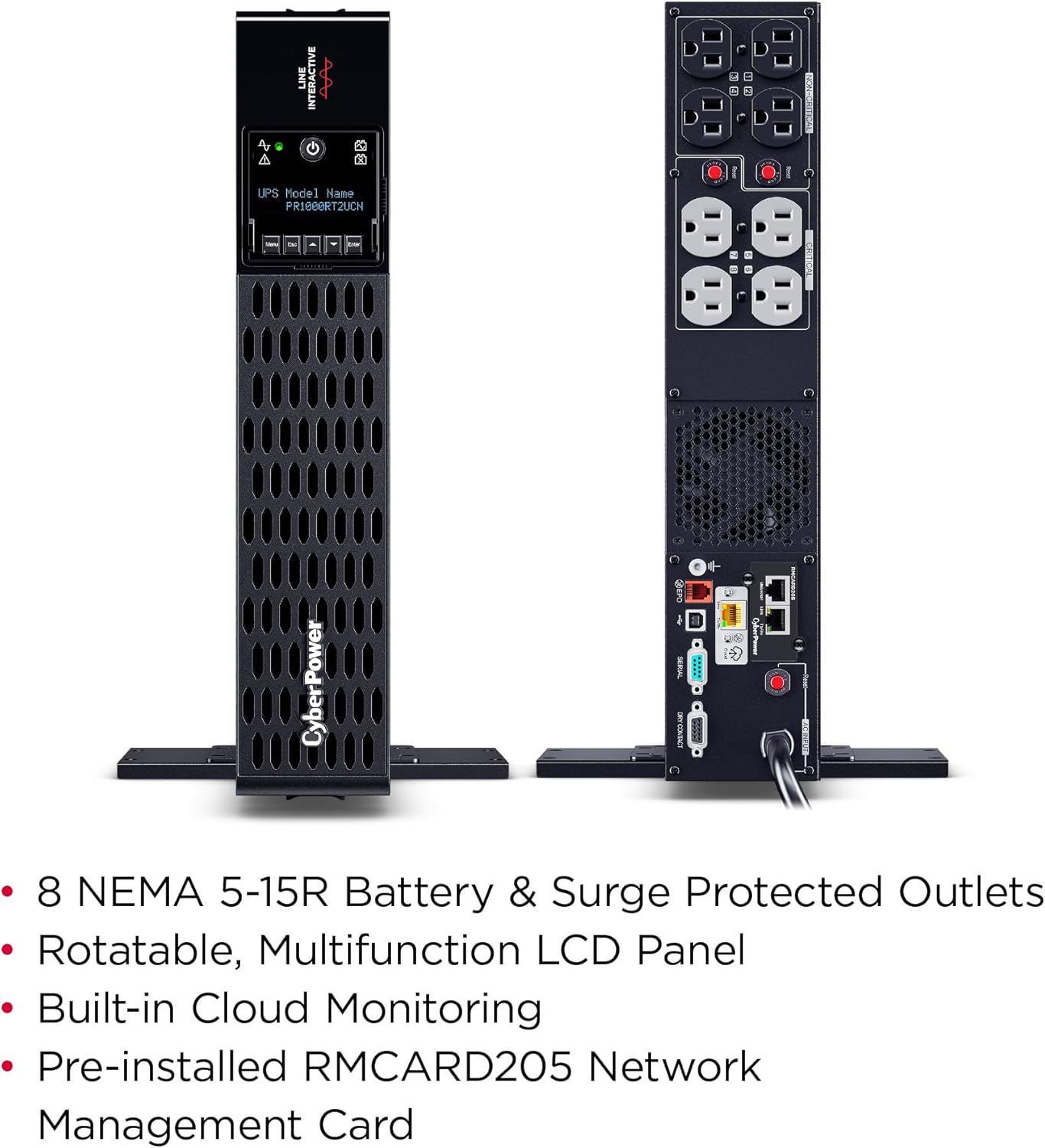 CyberPower PR1000RT2UCN Smart App Sinewave UPS Battery Backup and Surge Protector, 1000VA/1000W, 8 Outlets, 2U Rack/Tower, AVR, Pre-Installed RMCARD205, Built-in cloud monitoring, UL Certified