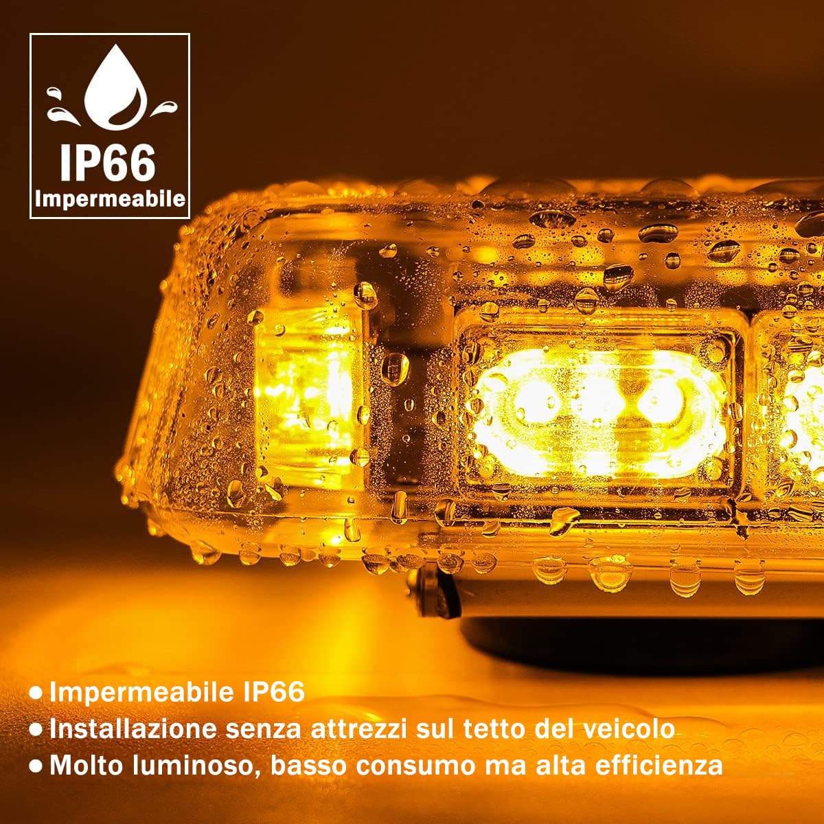Mini Barra LED Stroboscopica Magnetica 36 LED Ambra 12V/24V, Luce di Emergenza con 7 Modalità Flash IP66 per Camion, Taxi, Veicoli da Cantiere e Sicurezza Stradale