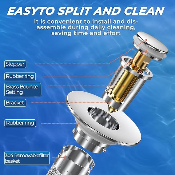 Bathroom Sink Drain Strainer, Pop-up Sink Drain Strainer with Removable Stainless Steel Strainer Basket Hair Catcher, Bathroom Sink Strainer for Bathroom Sink Stopper Replacement (3PCS)