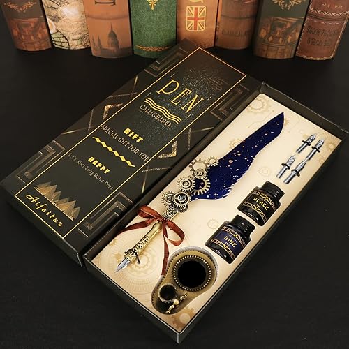 Miniatura 3 de Juego de tintas para caligrafía, incluye bolígrafo de plumas, 2 botellas de tinta de color, soporte 2 en uno, 4 puntas de acero inoxidable, caja de