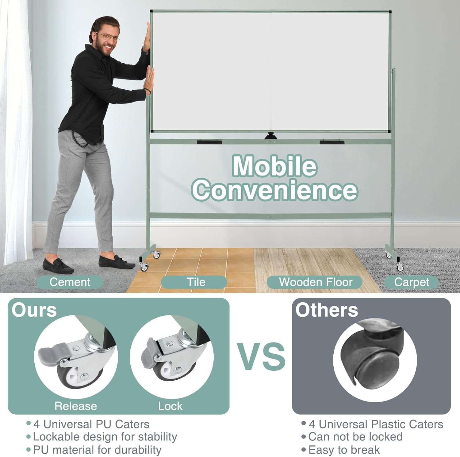 Goplus 72" x 36" Rolling Whiteboard, Double-Sided Magnetic Dry Erase Board w/Stand and Aluminum Alloy Frame,1 Eraser,6 Markers,12 Magnets, Mobile White Board on Wheels for Home Office School (Green)