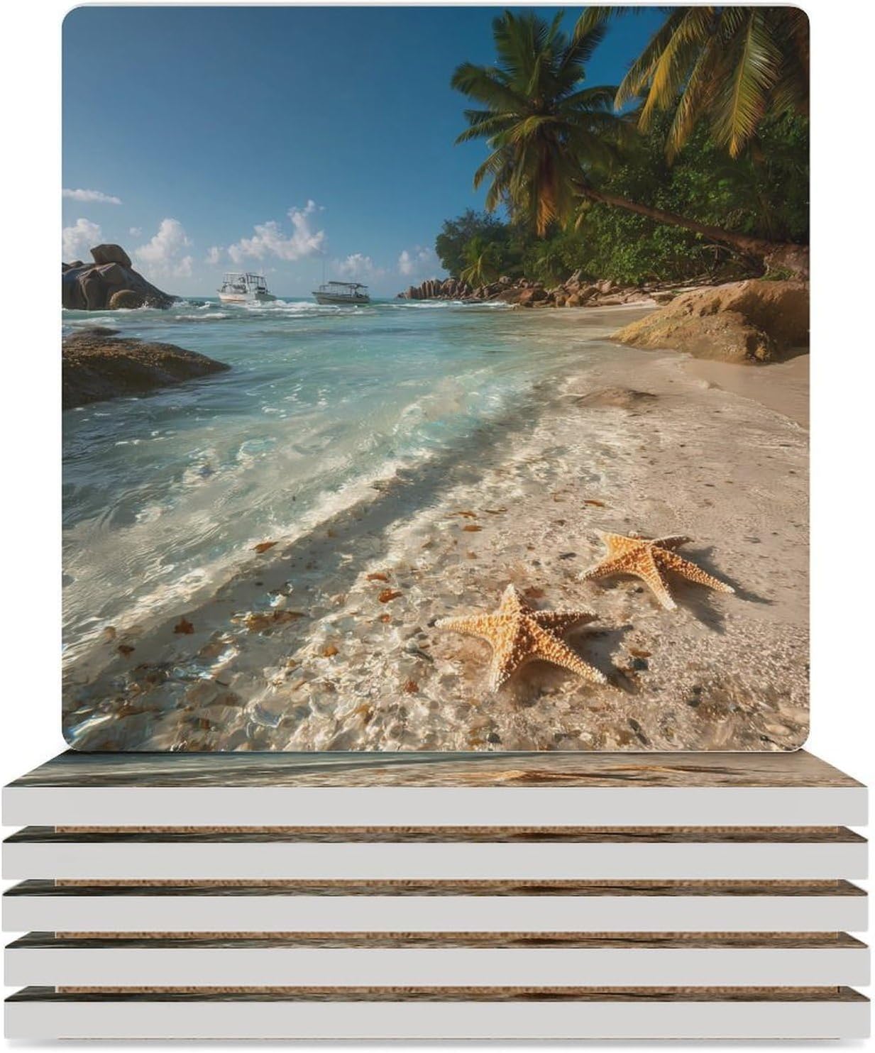 Beach Starfish Wave Seawaves Coaster for Drinks Square Ceramic Table Coasters Stone Mat Crafts 6PCS Home Kitchen Decor