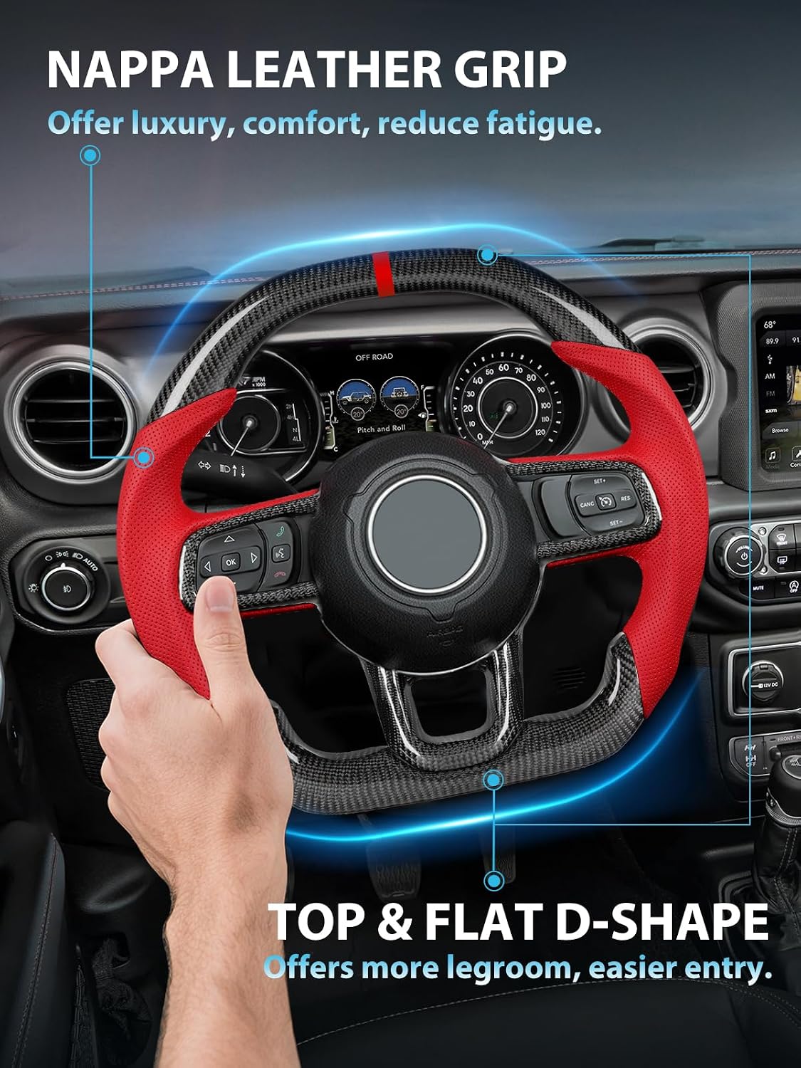 ZIMABLUE Heated Real Carbon Fiber Steering Wheel fits for Wrangler JL JLU 2018-2026 & Gladiator JT, Bold Red Leather Grip & Stripe, 100% Authentic 3K Carbon Fiber, Double-D Design, Real Carbon Trim