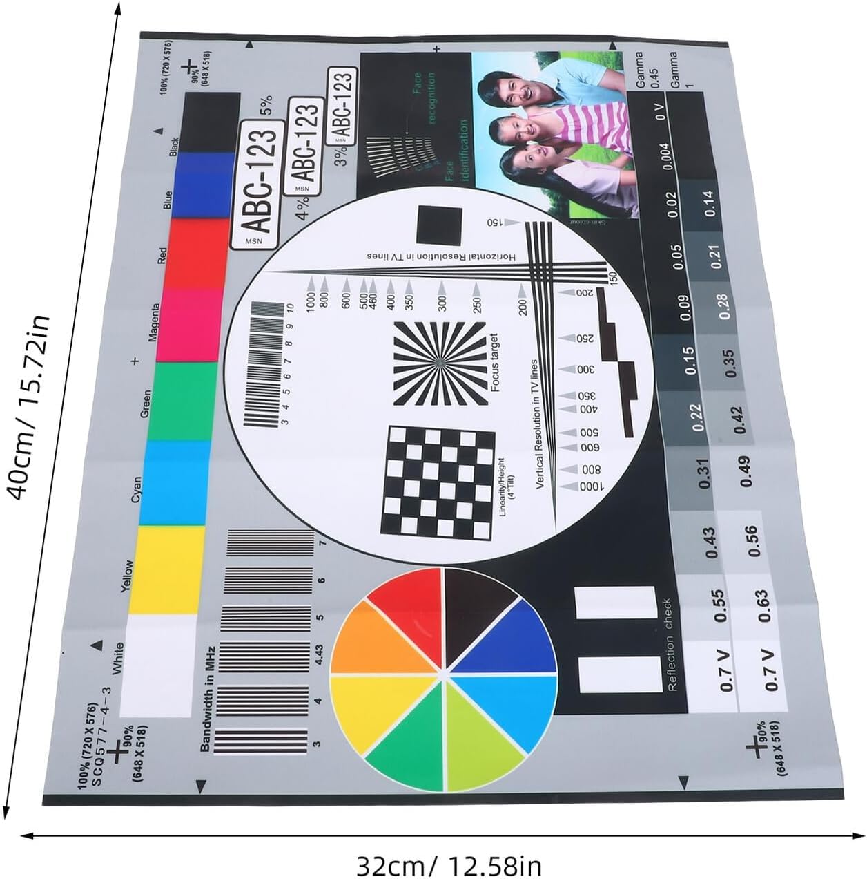Carte de test d'étalonnage d'objectif de surveillance - 40 x 30 cm - Pour appareil photo CCTV - Réglage de la mise au point et de la précision du moniteur haute résolution - Pour professionnels de la