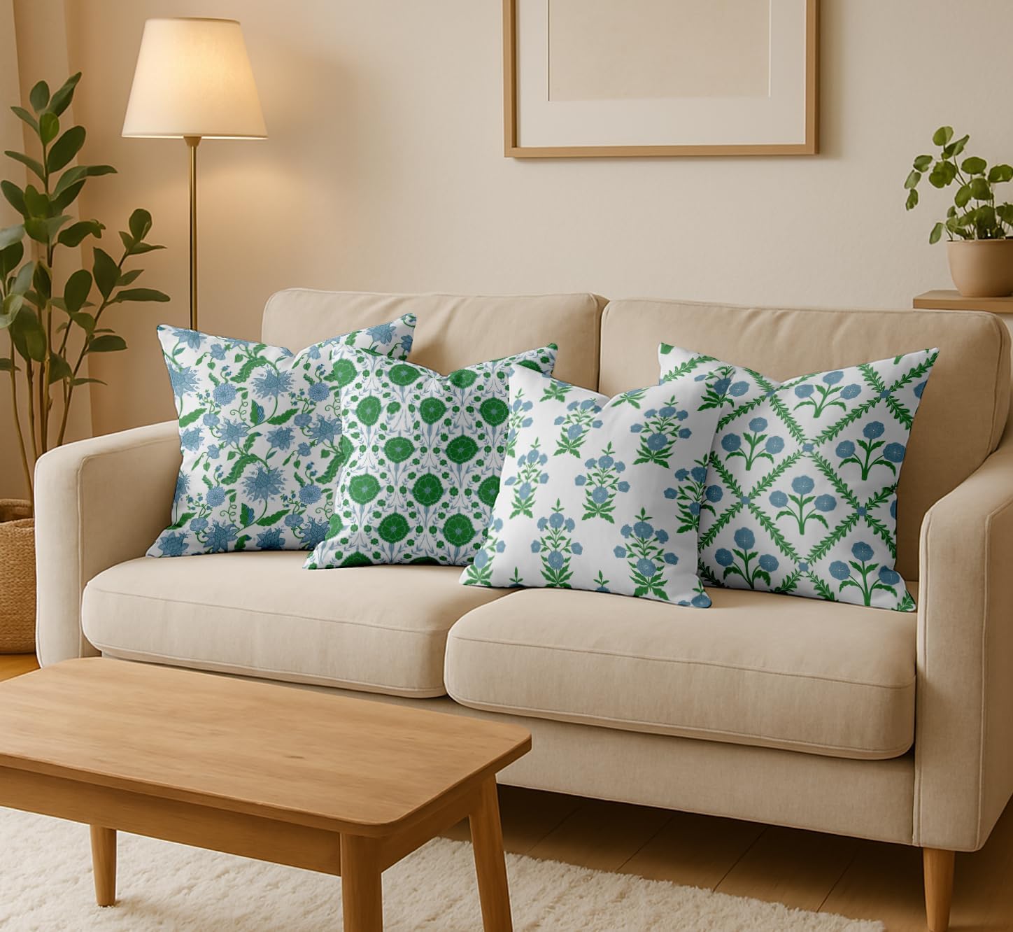 Block Design, Decorative Cushion Covers Set of 4-16x16 Inch, 100% Cotton, Printed on Both Sides, Hidden Zipper, White