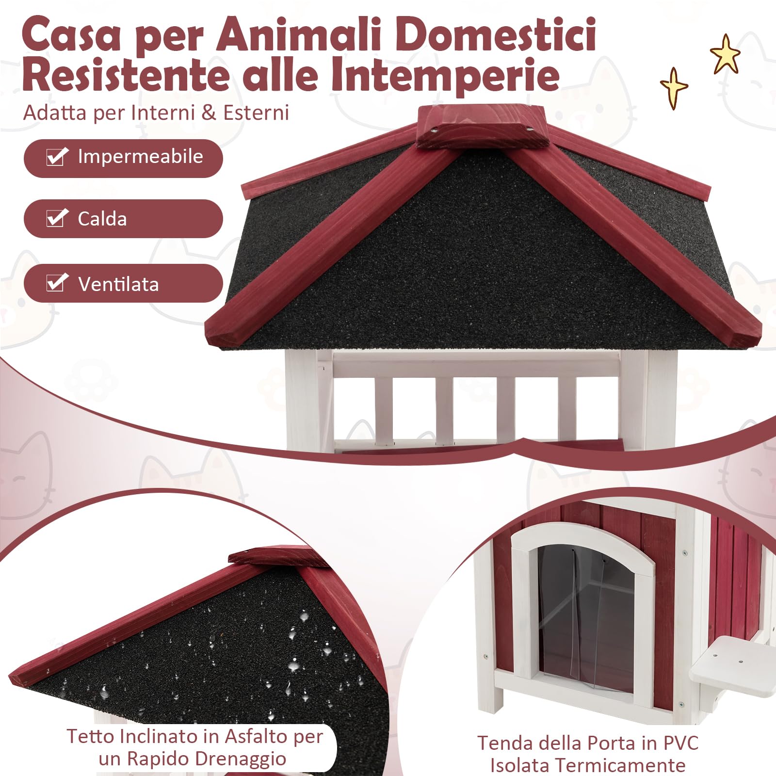 COSTWAY Cuccia per Gatti da Interno ed Esterno, Gasetta per Gatti in Legno a 2 Livelli con Tetto in Asfalto e 2 Piattaforme per Saltare, Casa per Gattini Impermeabile, 58 x 50 x 87 cm