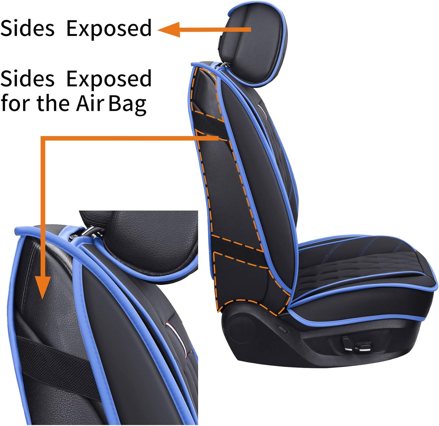 Aierxuan Front Seat Covers for Cars, Waterproof Leather for Nissan Chevy Malibu Kia Soul Sorento Hyundai Elantra Tucson Accent Sonata Kona Outlander Galant (2 PCS Front, Black-Blue)