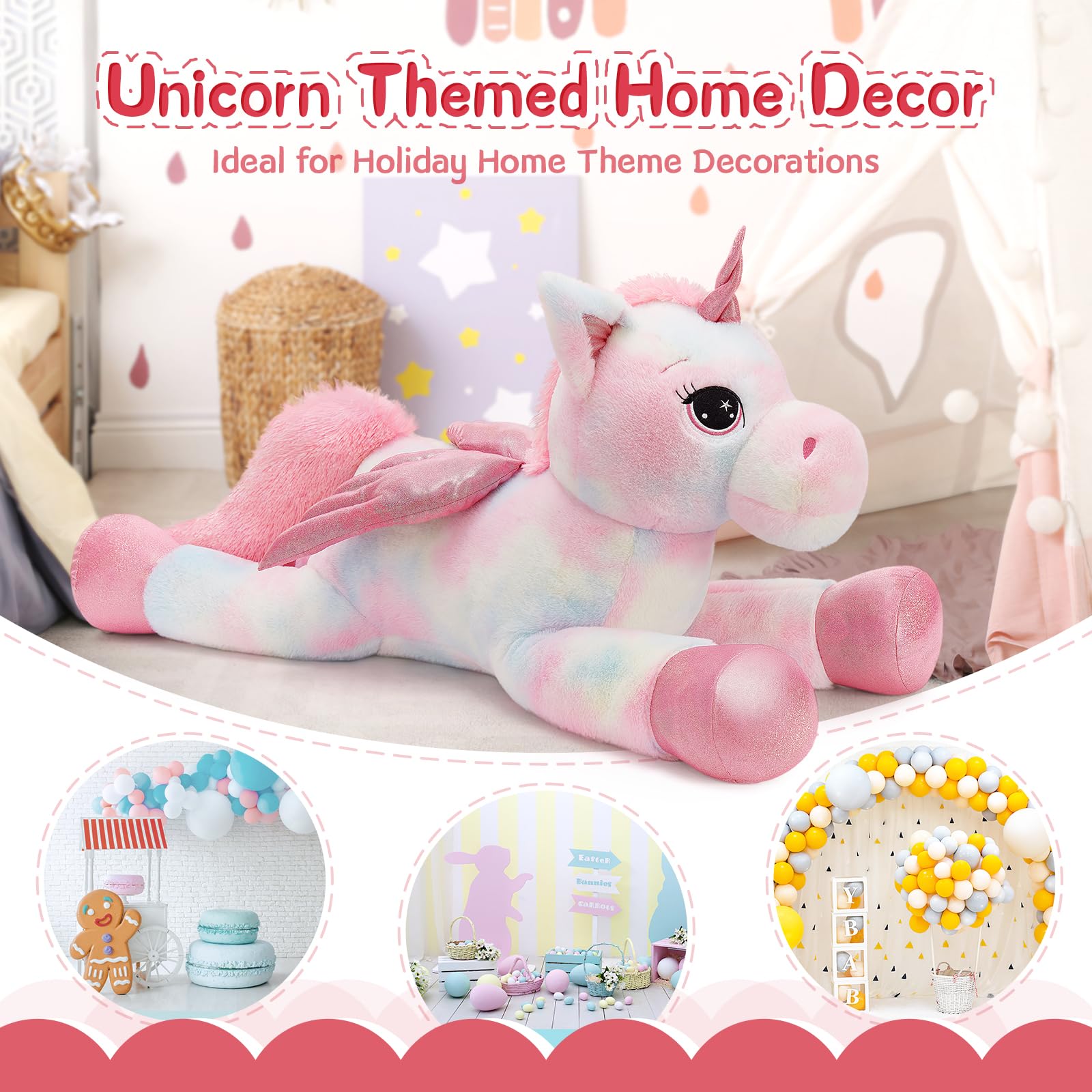 MorisMos XXL Unicorno Peluche Gigante, 110cm Tie-dye Rosa Unicorno Grande con Le Ali, Morbido di Peluche Regalo per Bambini Fidanzata Compleanno Natale