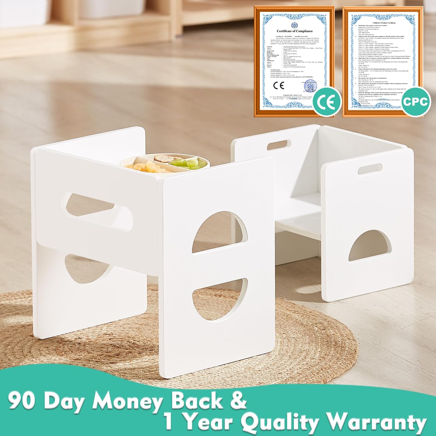 FUNLIO Height Adjustable Montessori Table and Chair Set for Age 1-3, Solid Wood Toddler Table and Chair Set, Weaning Baby Table Chair Set for Reading/Eating/Playing, Easy to Assemble - White