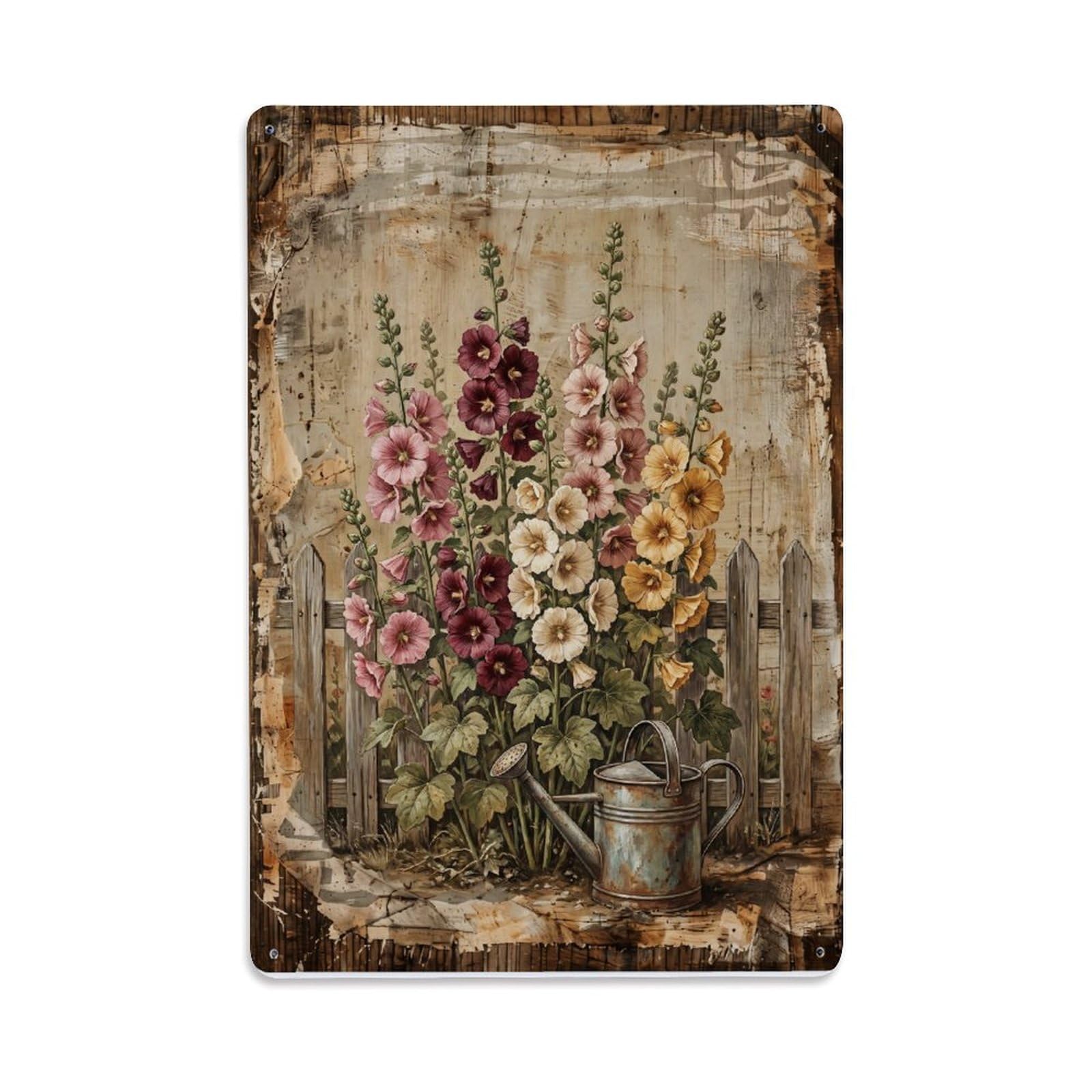 Hollyhock Garden Tall Flowers Countryside Cottage Vintage Metal Tin Sign Plaque Wall Decor for Cafe, Club, Garden Metal Poster 8x12Inch