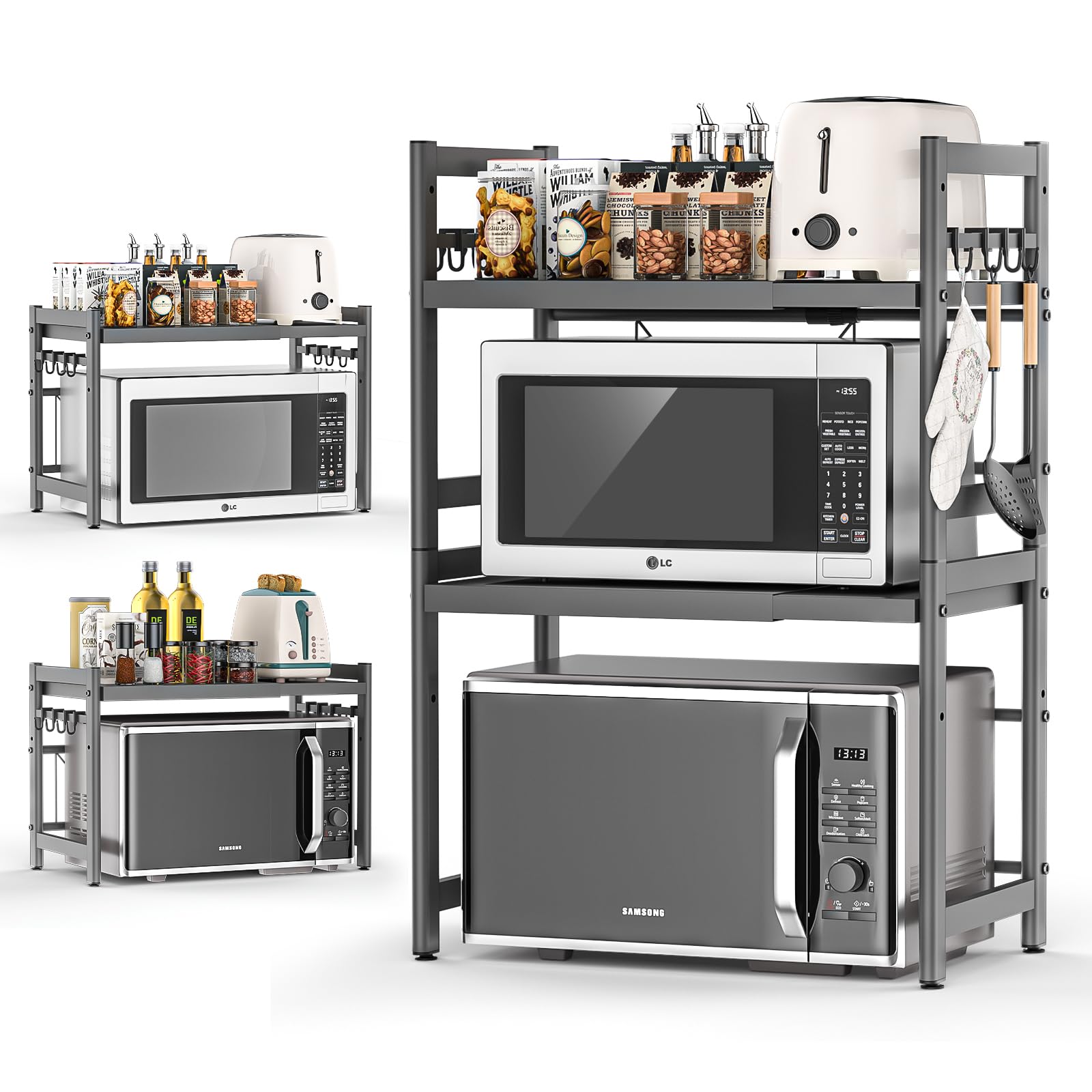 Soporte para Microondas y Horno Cocina 3 Niveles, Estanteria para Microondas Encimera con 8 Ganchos, Mueble Extensible Microondas Cocina