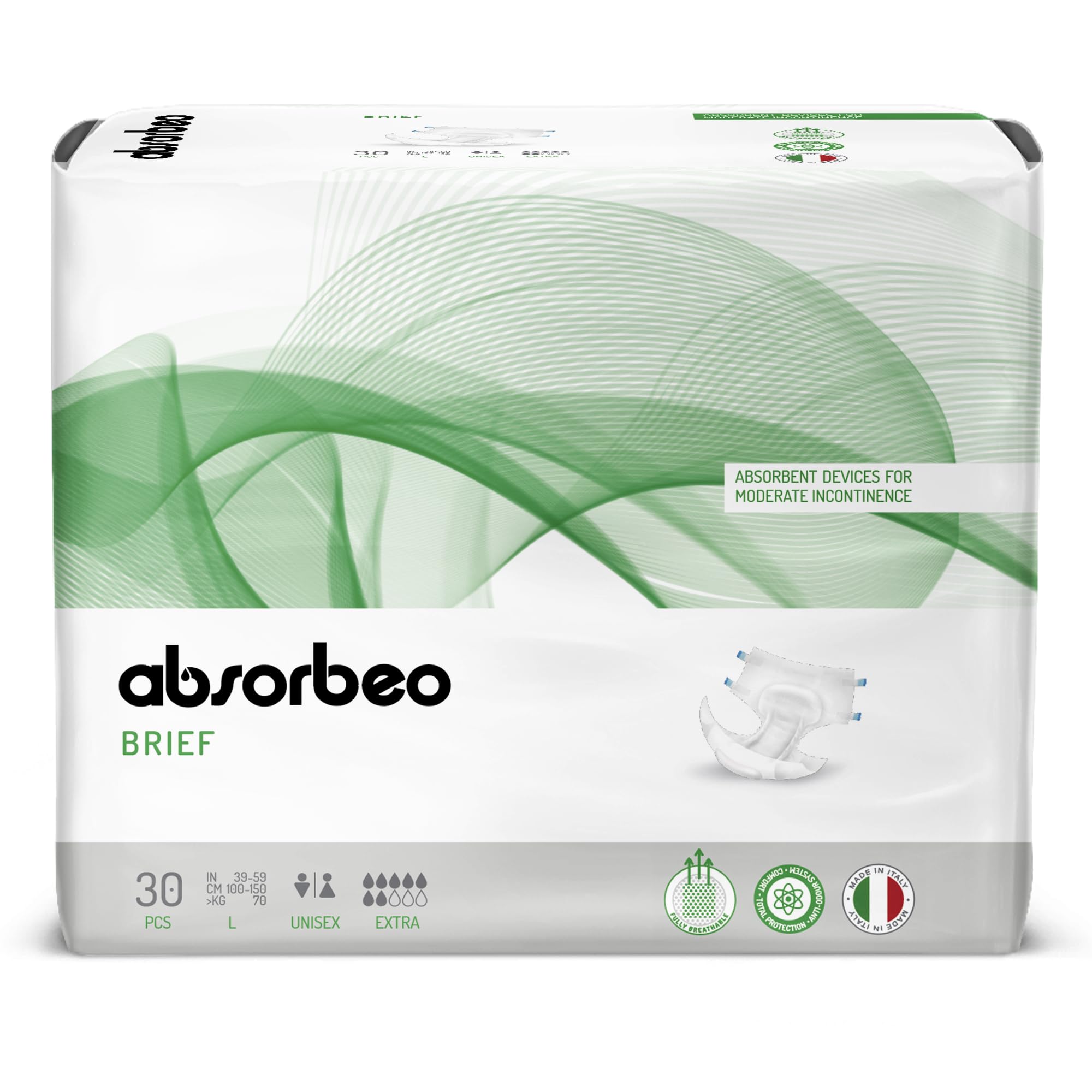 Absorbeo Pannolone Mutandina Extra, Dispositivi Assorbenti per Incontinenza Media, Comfort Assoluto, Protezione Totale, Sistema Antiodore, Completamente Traspiranti, Unisex, Taglia L, 30 Pezzi