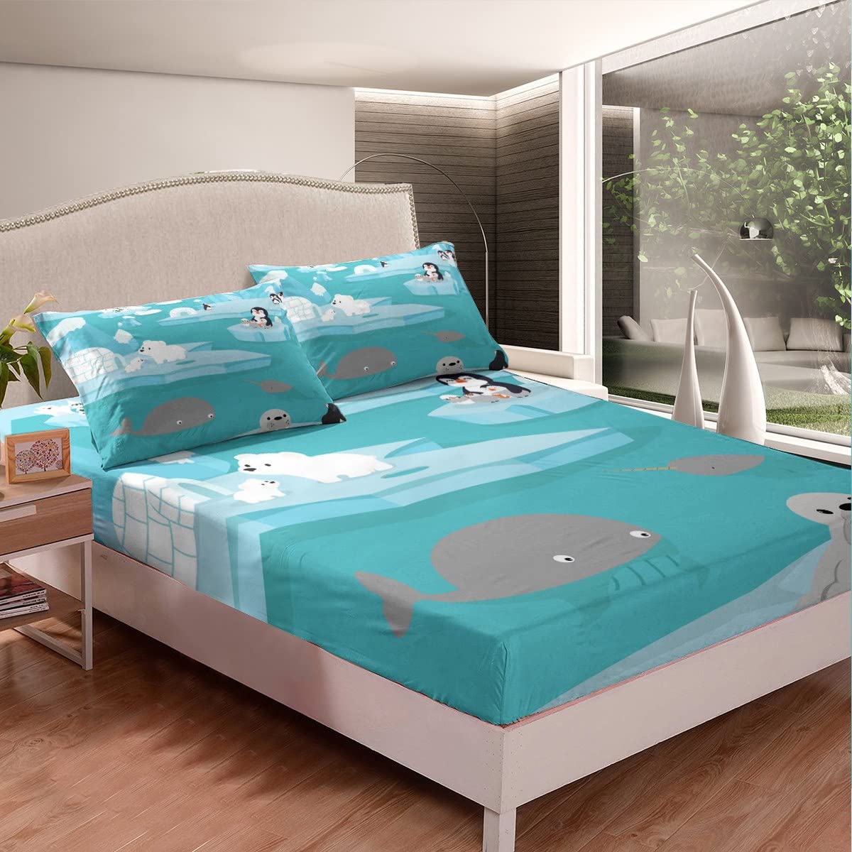 Homemissing Girls Multicolored 6 Cartoon Whale Penguin Bedding Sheet For Boys Unicorn Dolphin Fitted Sheetative Ocean Marine Blue Sea Creatures Double Size 3Pcs