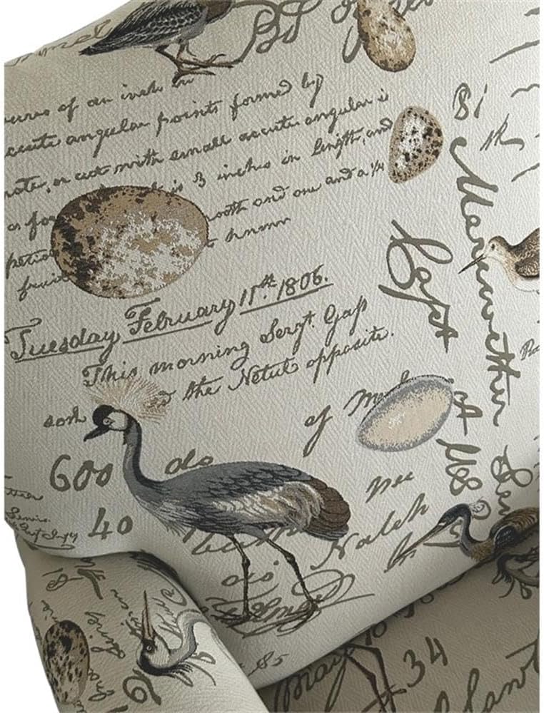 Pemberly Row Bird Script Fabric Manual Reclining Chair, Ivory Finish, Kiln-Dried Hardwood Frame, Rolled Arms, Cherry Wood Legs, Pocketed Coil Seating, Transitional Style for Living Room or Bedroom Use