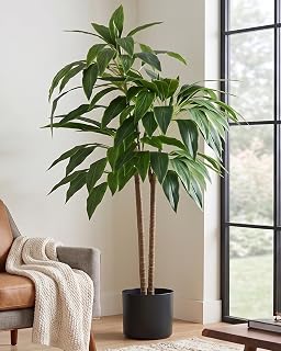 DUMOS 4FT Artificial Dracaena Tree, Realistic Faux Indoor Floor Plant with Lifelike Leaves in Black Planter Pot, Maintenance Free Artificial Plant for Home Office Living Room and Porch Decor