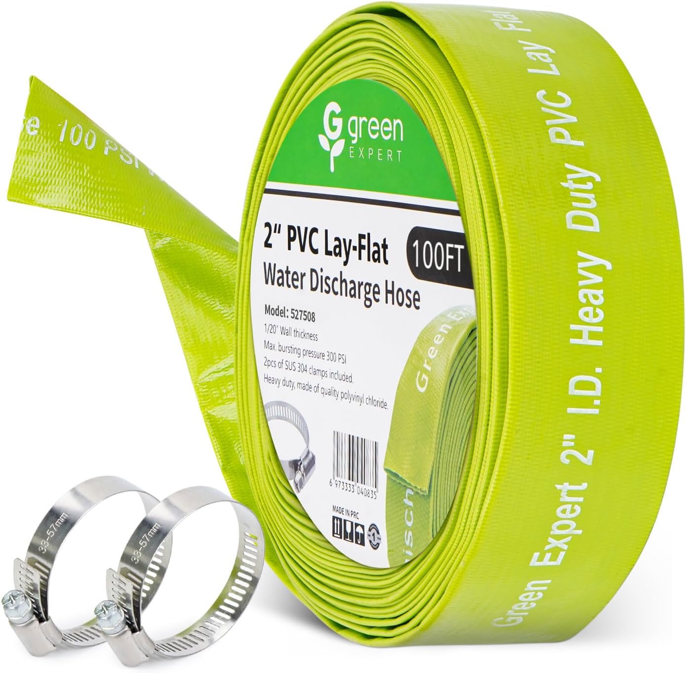 Green Expert 2 Inch ID Lay Flat Discharge Hose 100 feet with Clamps Reinforced PVC Drain Hose Heavy Duty for Sump Pump Quickly Water Removal Pool Filter Backwash Accessory Green