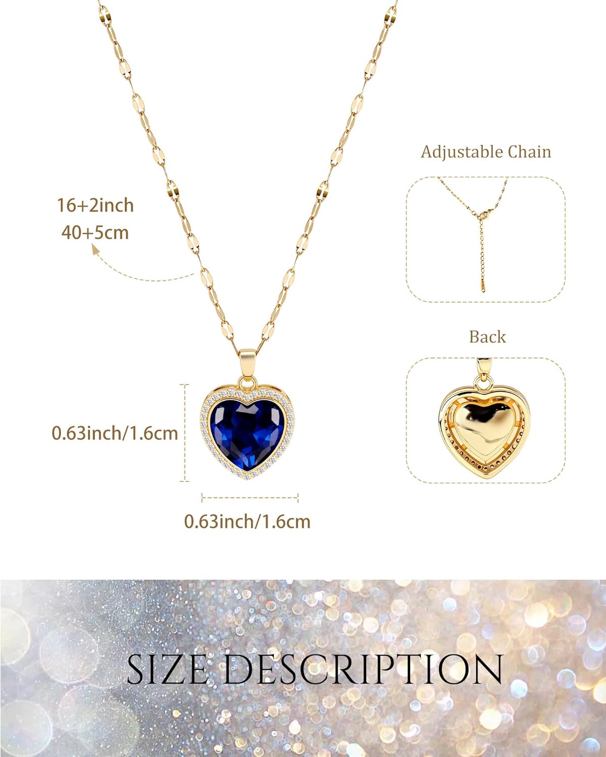 Sapphire Heart Necklace for Women 14K Gold Plated Rhinestone Love Heart Pendant Necklaces Dainty Navy Blue Birthstone Jewelry Gift - Image 3