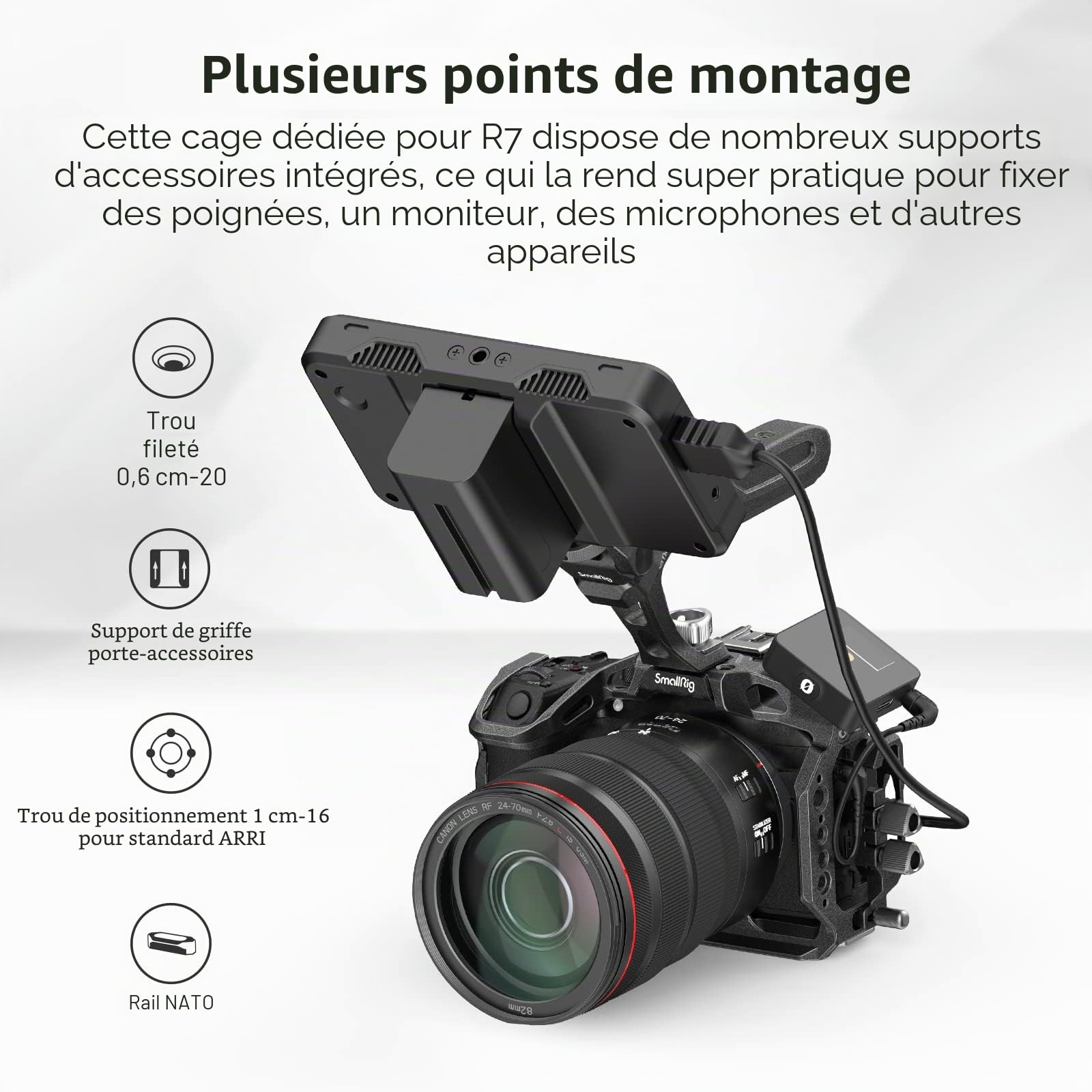 SMALLRIG R7 Cage avec Plaque de Dégagement Rapide Intégrée pour Arca Standard, Cold Shoe, Rail NATO et Trous Filetés, Montage Vidéo de Cage de Caméra pour Canon R7-4003B