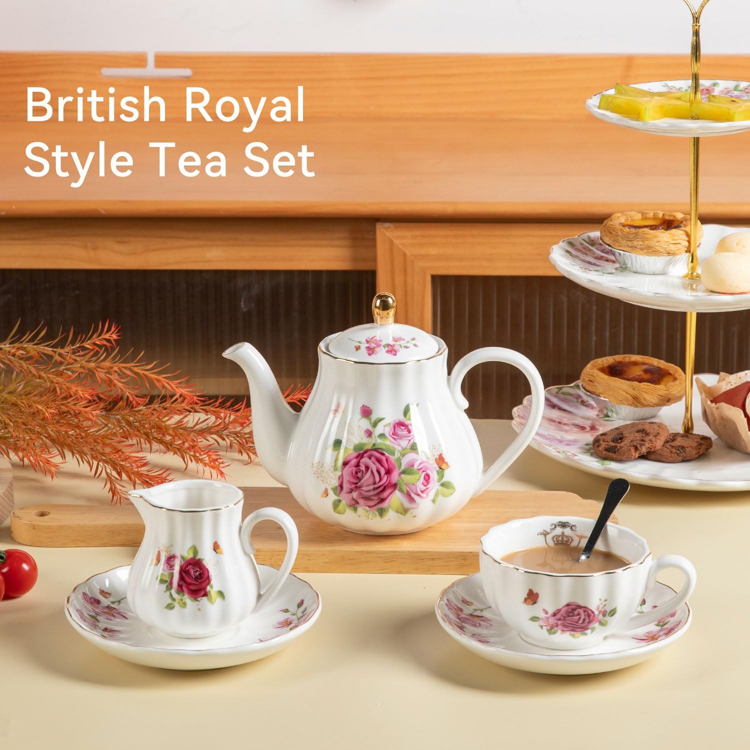 Porcelain Tea Sets British Royal Series, 8 OZ Cups & Saucer Service for 6, with Teapot Sugar Bowl Cream Pitcher Teaspoons and Tea Strainer, Suitable for High Tea, Wedding, Party (Midsummer Rose) - Image 2