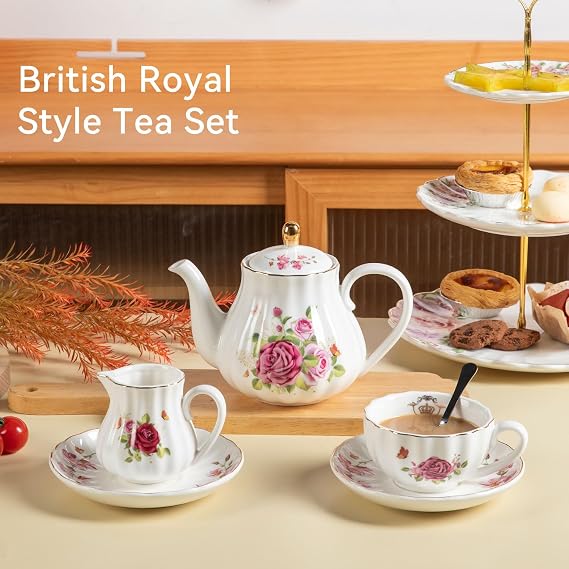Porcelain Tea Sets British Royal Series, 8 OZ Cups& Saucer Service for 6, with Teapot Sugar Bowl Cream Pitcher Teaspoons and tea strainer for Tea/Coffee with 3 Tier Ceramic Cake Stand(Red Flower)