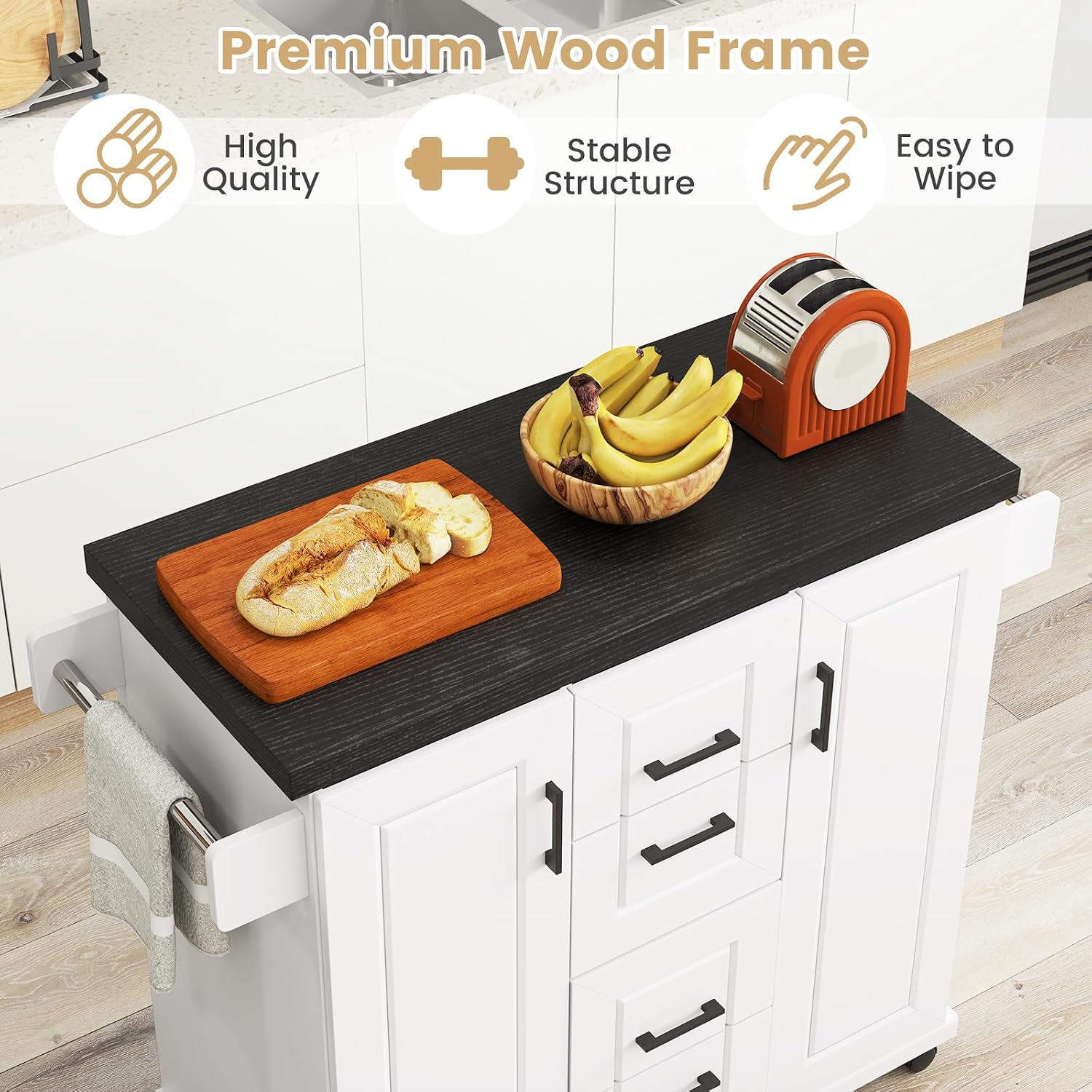 Giantex Kitchen Island with Storage, Rolling Kitchen Island Cart w/ 4 Drawers, Door Cabinets with Shelves, Spice Rack, Towel Rack, Island Table with Lockable Wheels for Kitchen Bar Dining Room, White