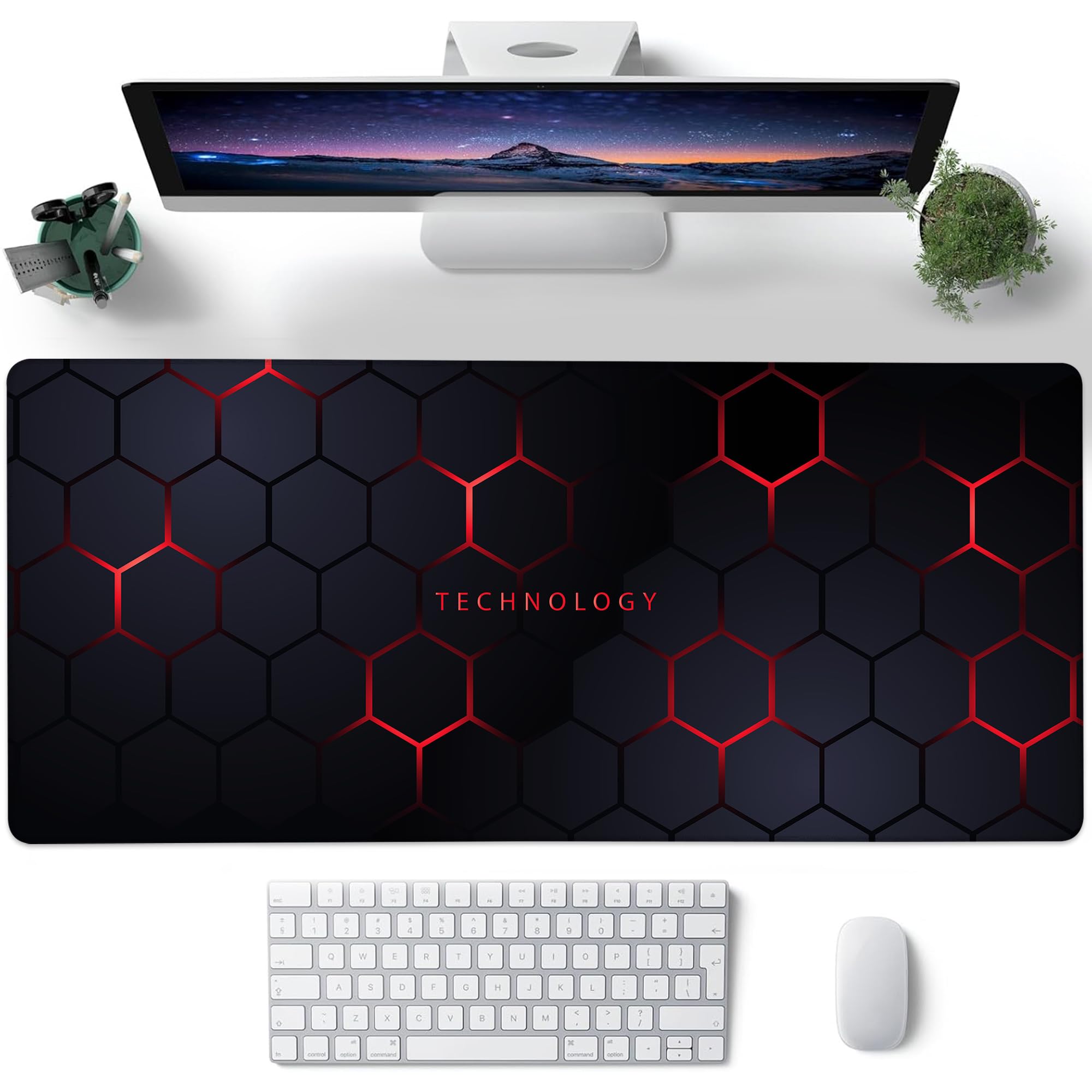 Desk Pad, Black and Red Honeycomb Hexagons Technology XXL Gaming Mouse Pad with Stitched Edges,Non-Slip Waterproof Rubber Base Large Desk Mat for