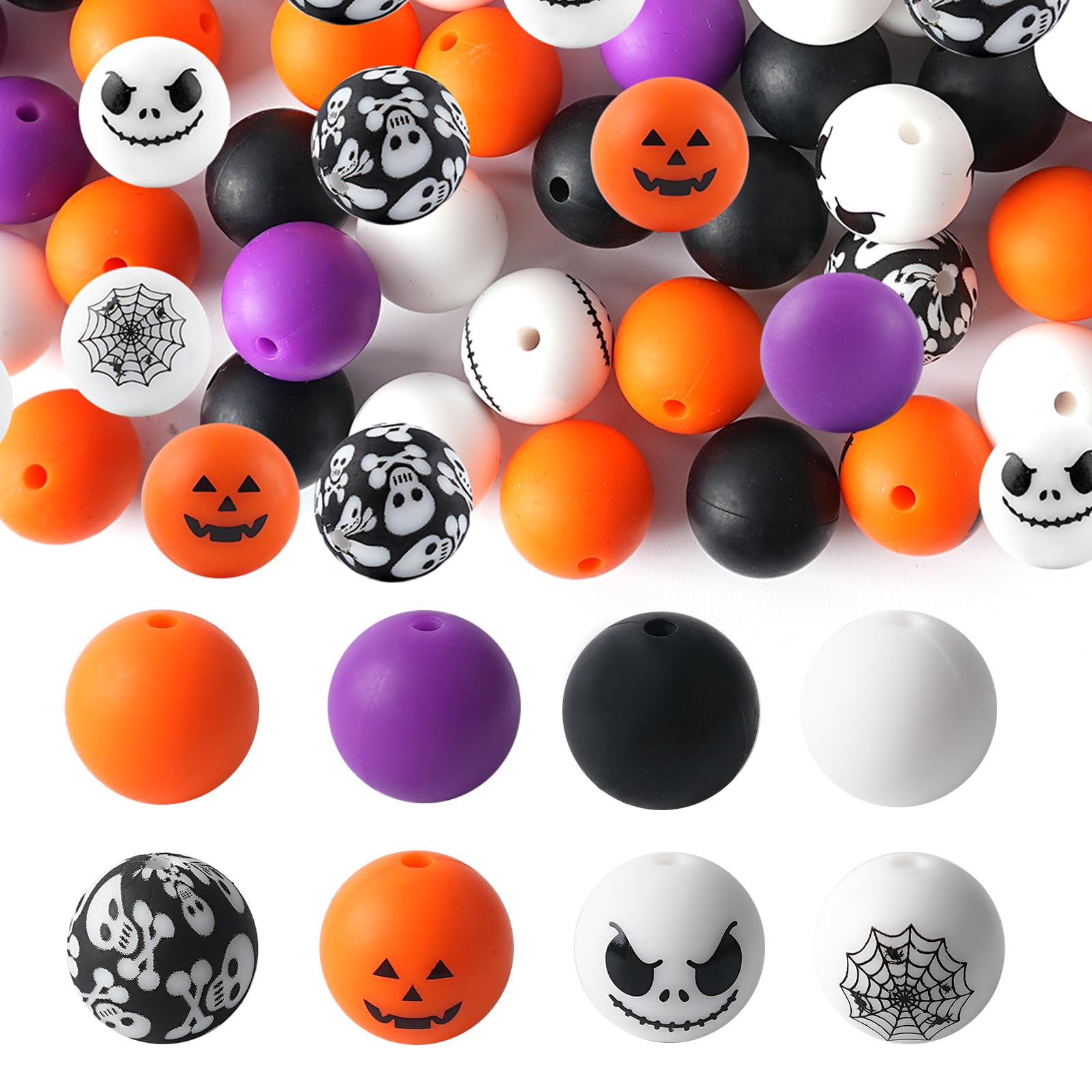 120pcs Silicone Beads for Halloween,15mm Rubber Focal Beads for Keychain Beadable Pen Lanyard Making kit (Orange & Purple)