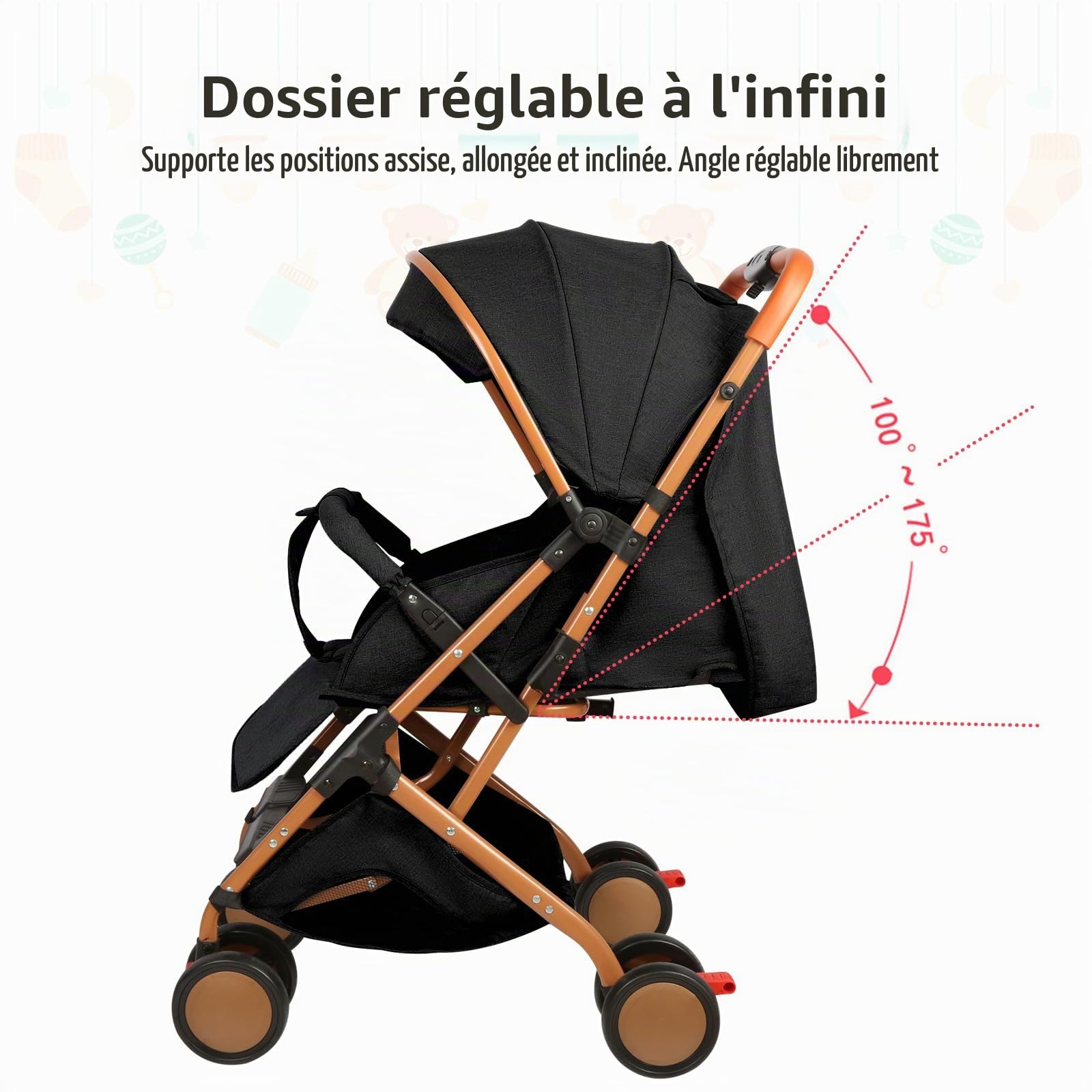 OHMG Poussette Canne,0-4 ans,0-22 kg,Poussette Légère et Compacte,Dossier inclinable,Harnais 5 points,Pliable Pousette Voyage avec Auvent et Moustiquaire,Roues Antidérapants (A-Noir)