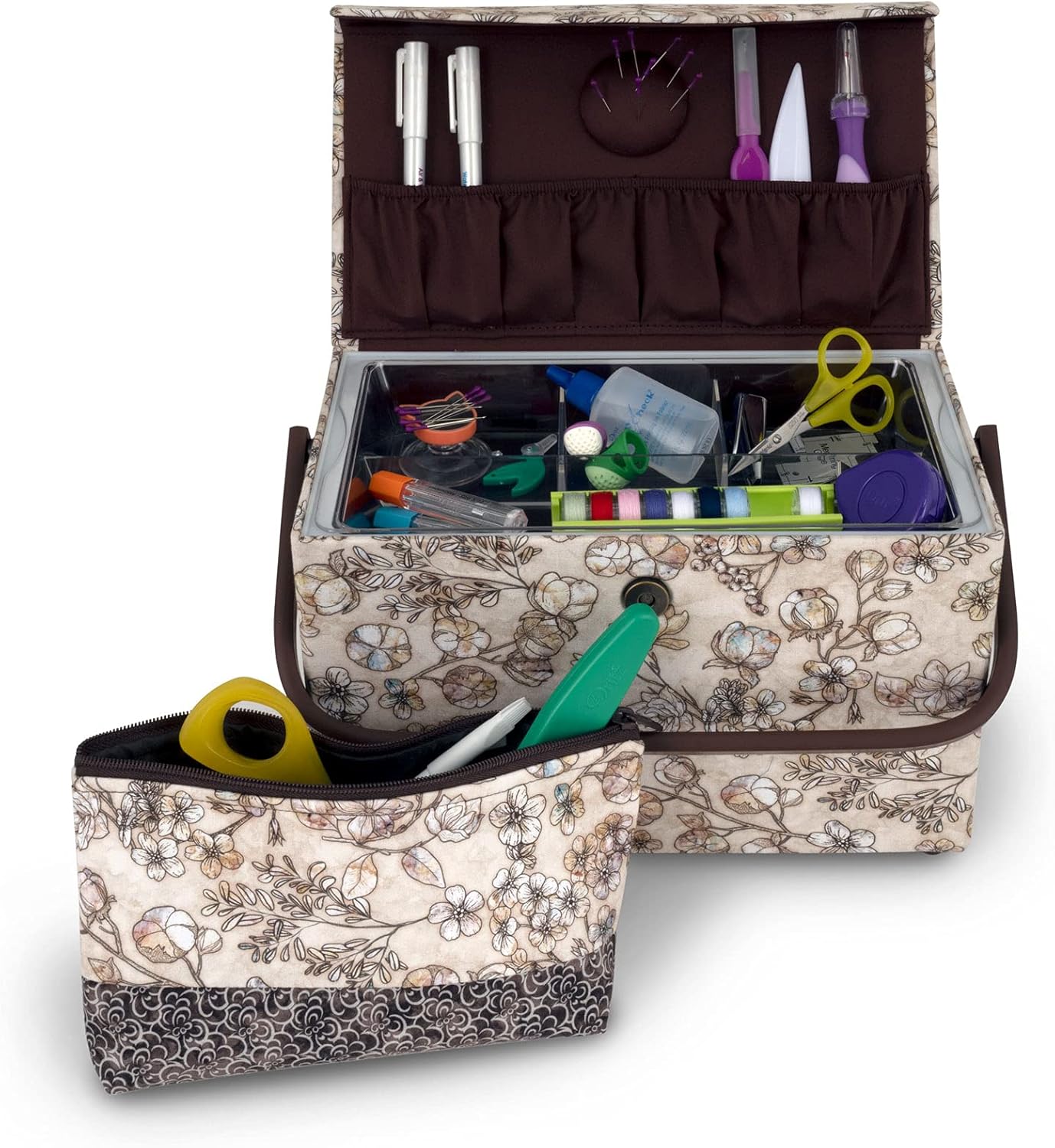 Dritz Medium Sewing Basket with Zippered Case, Neutral Floral