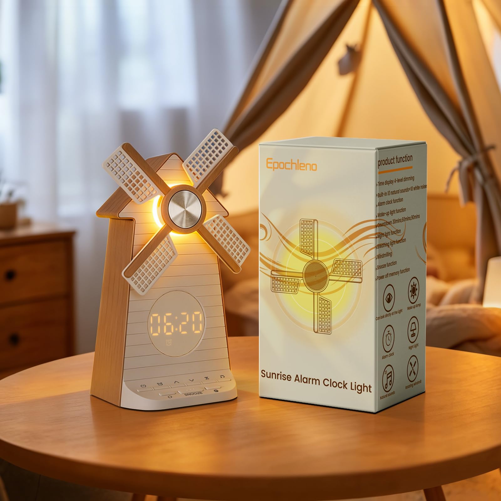 Sonnenaufgangswecker mit rotierender Windmühle, Snooze-Aufwachlicht, 10 Naturklänge & 10 Weißgeräusche, 4-stufig dimmbares Nachtlicht Timer 30/60/90 Min, Einschlafhilfe-Geschenk für Erwachsene/Kinder