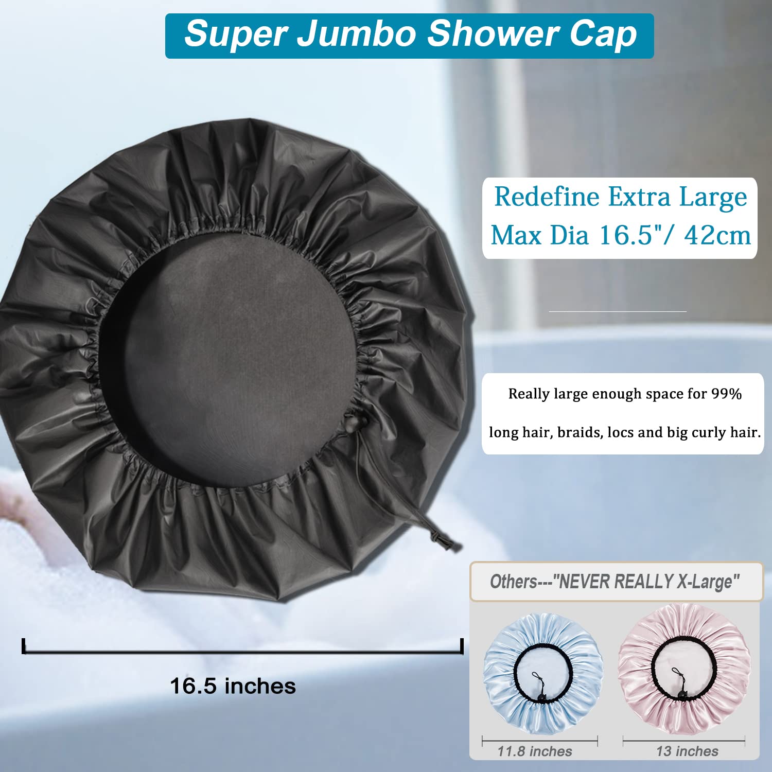 Sheomern 3 Pcs Super Jumbo Adjustable Satin Lined Shower Caps for Long Hair & Braids - Image 2