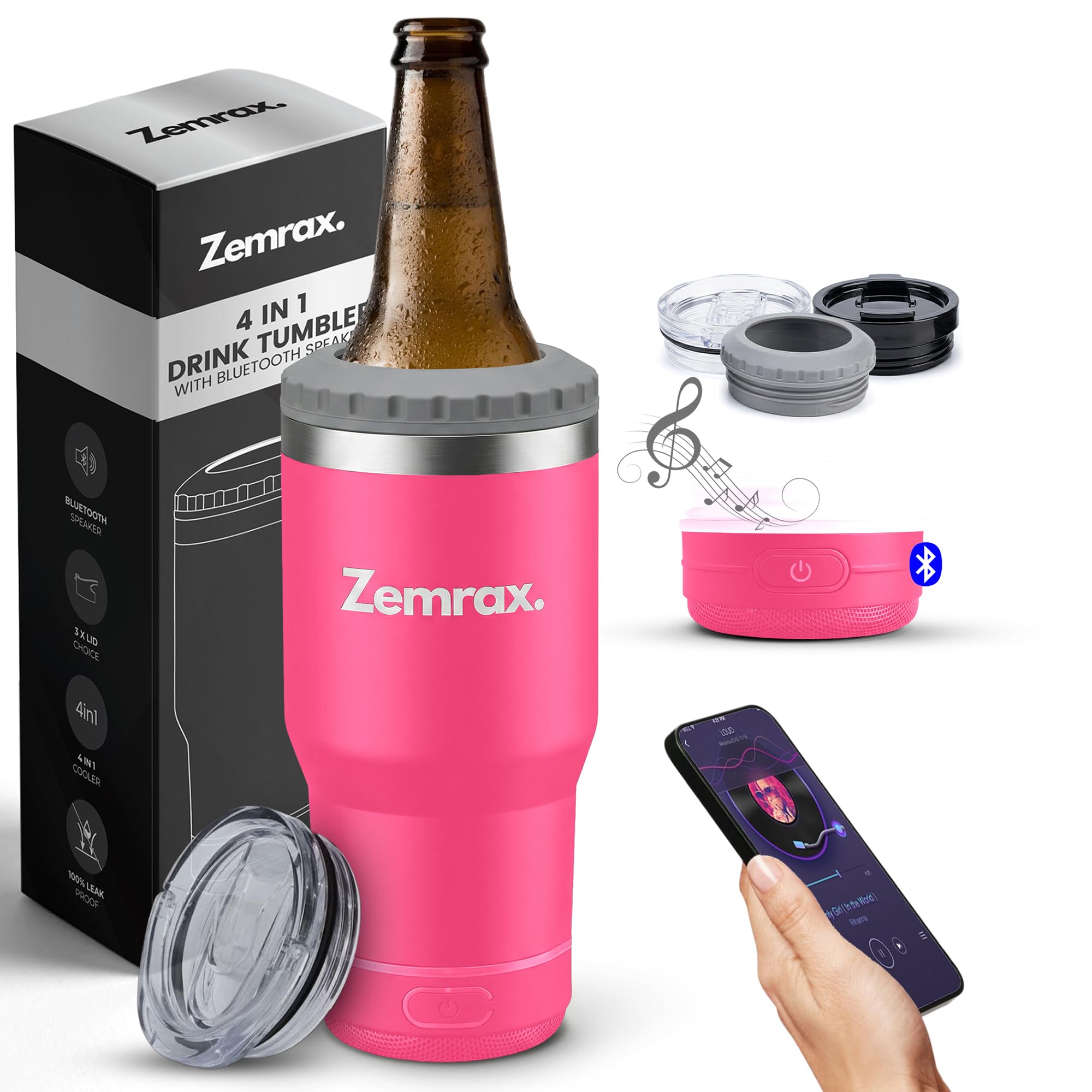 Zemrax Can Cooler - 4 in 1 Double Insulated Can & Bottle Chiller | Stainless Steel Drink Tumbler | Beverage Holder with Bluetooth Speaker | Portable Beer Cooler | Gifts for Men