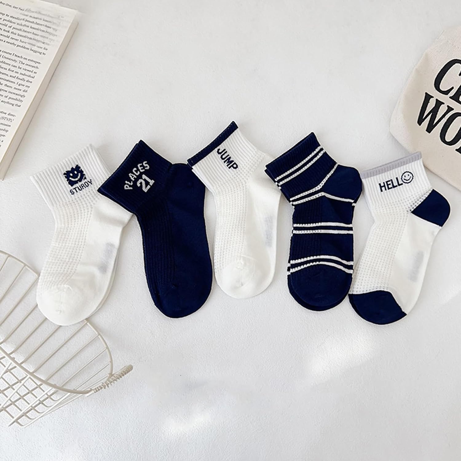 Toddler Boys Ankle Socks, Mesh Thin Breathable Letter Print Casual Crew Socks for Kids, 5 Pairs