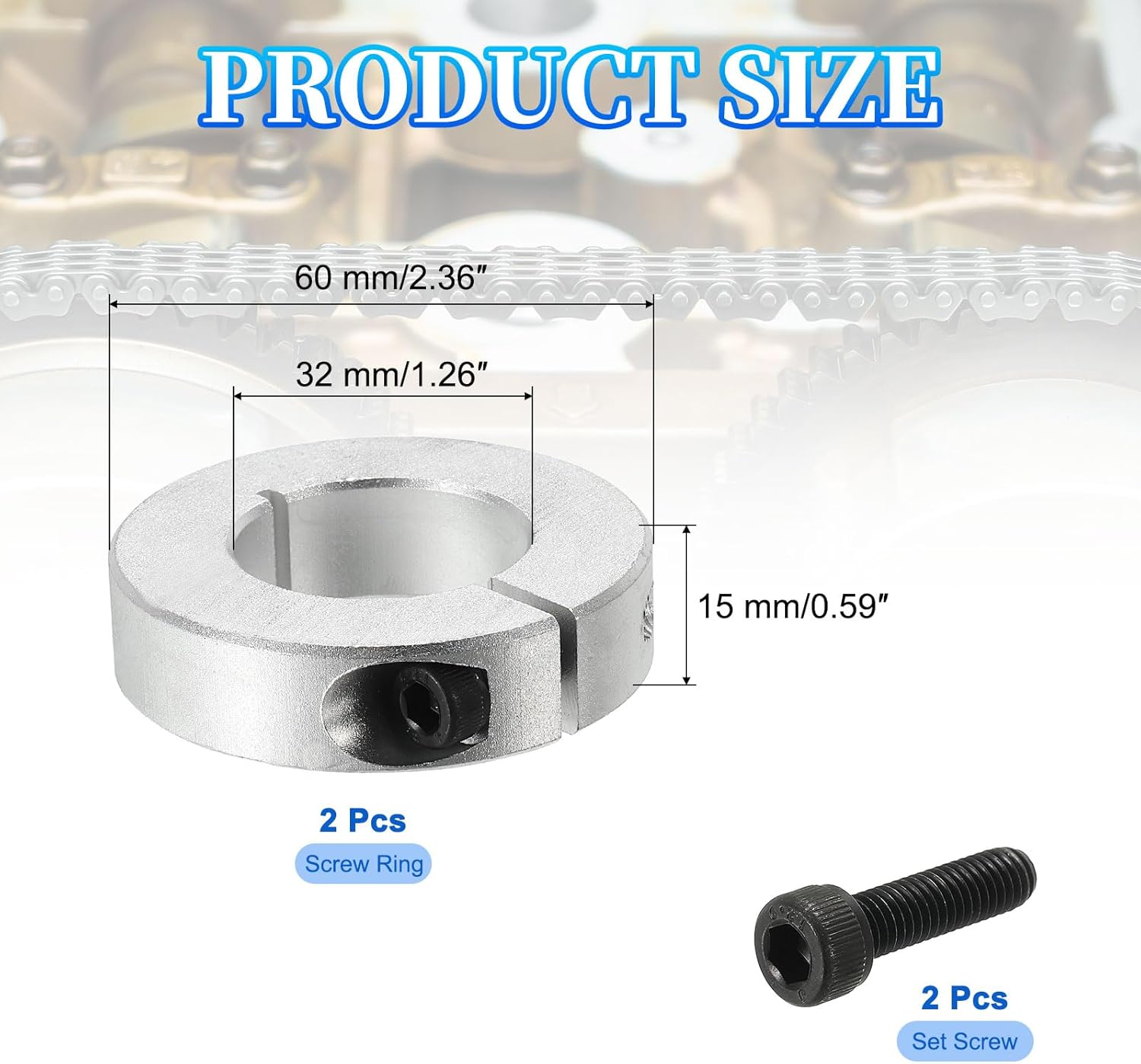 MECCANIXITY Bore 32 mm Single Split Shaft Collar 60 mm OD 15 mm Thickness Aluminum Alloy Locking Collar Clamp Style with Set Screw & Hex Wrench for Machine Tools Industry (Silver, Pack of 2)