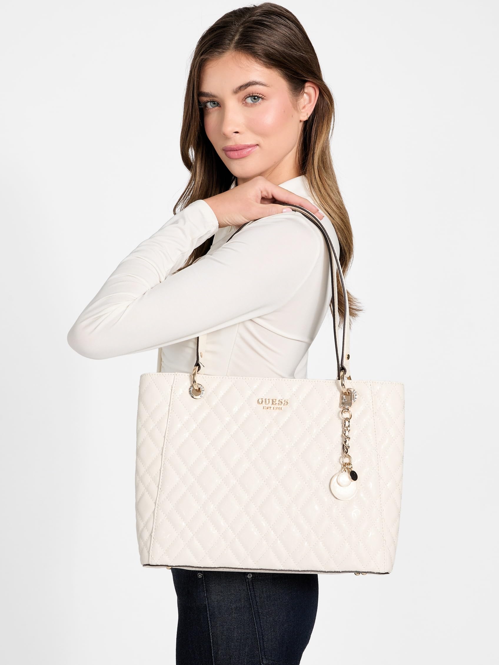 GUESS Torba na ramię Isemay Noel Tote Cream White kremowa