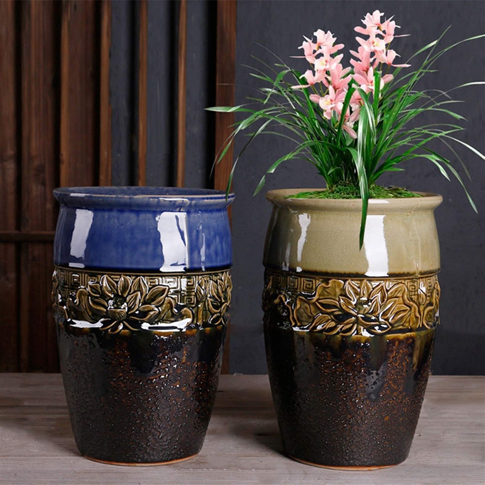 Skrzynka na kwiaty ceramiczna doniczka z otworem do ogrodu na zewnątrz do domu salonu biura jadalni dekoracja retro doniczka 30 cm wysoka skrzynka ogrodowa (kolor: Niebieski)