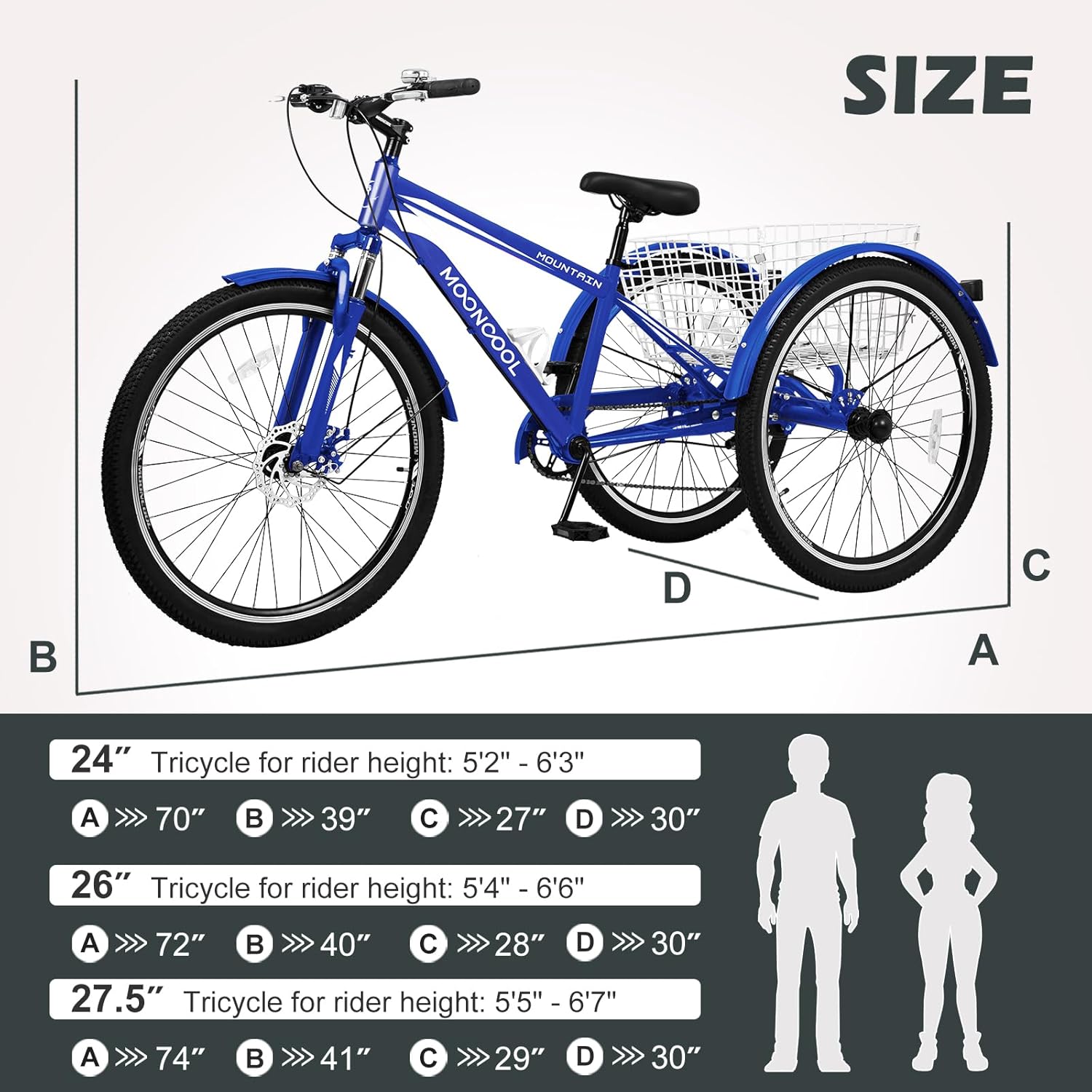 Barbella Adult Mountain Bike, 7 Speed Three Wheel Bike Mountain Tricycle Adult Tricycle Cruiser Trike, 24/26/27.5 Inch Adults Trikes with Shopping Basket, Exercise Men's Women's Tricycles, Navy-Blue