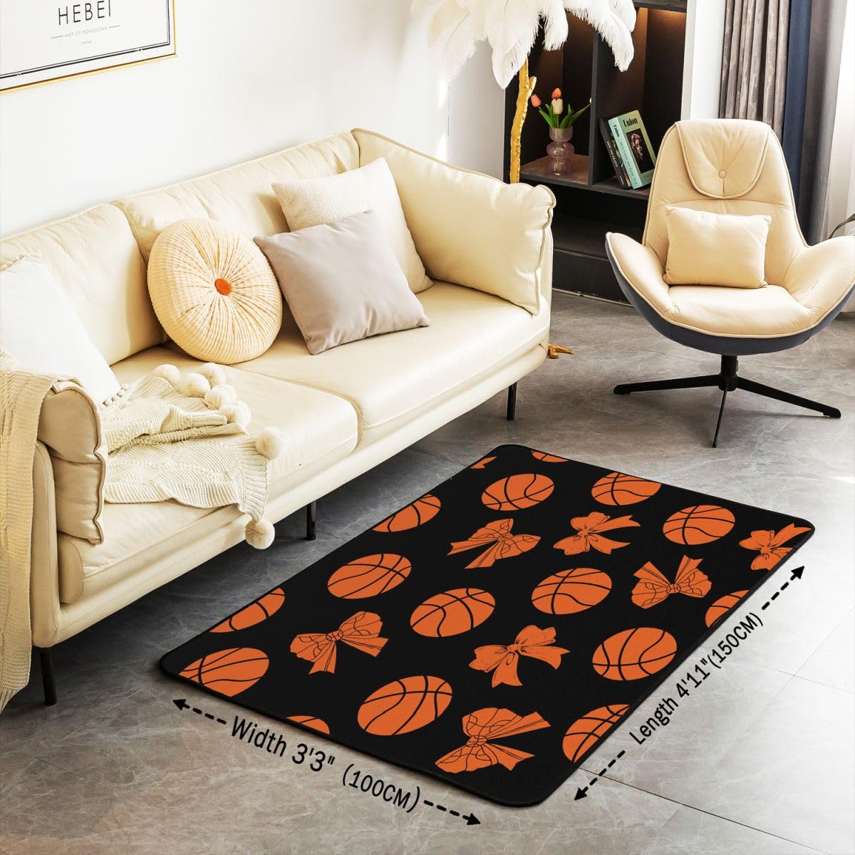 Loussiesd Dywan do koszykówki 150 x 200 cm poliester kokarda dywany do salonu do sypialni gier sport dekoracja dywan gry w piłkę czarna mata podłogowa do wnętrz prezent dla miłośnika koszykówki miękka