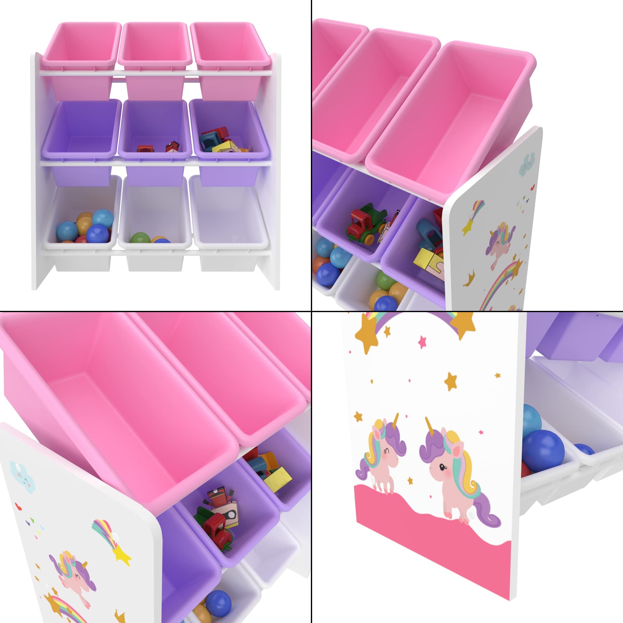 [en.casa] Estantería para Niños Organizador de Juguetes Motivo de Unicornio de 3 Niveles 9 Cajas Aglomerado/Plástico 60 x 62 x 27 cm - Blanco y Violeta/Rosa