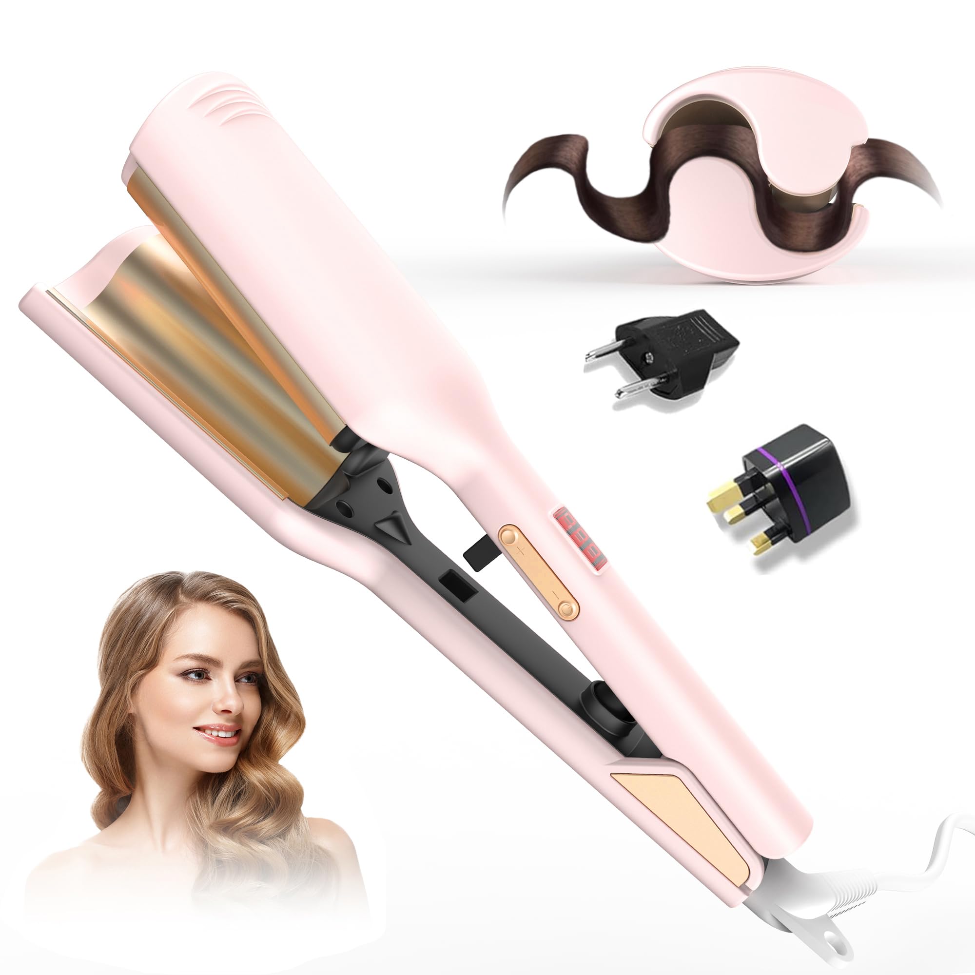 Waver Hair Tool,Mini Waver Curling Iron，Curling Iron Hair Crimper Waver，Ionic Deep Waver Curling Wand with Ceramic 2 Barrel for Women，Double Voltage, Easy to Use, Pink, 1.25 Inch